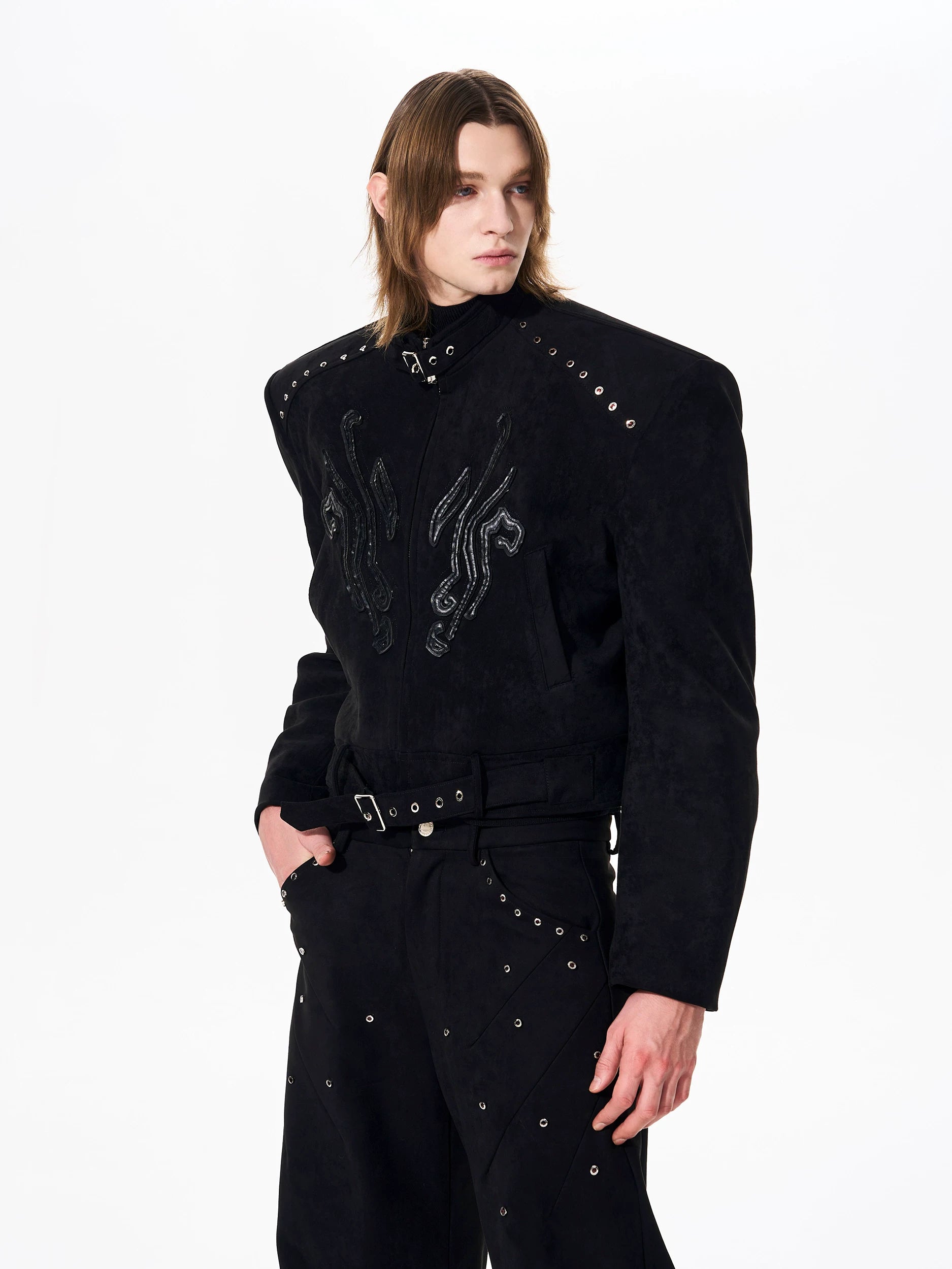 Obsidian Serpent Emblem Cropped Moto Jacket