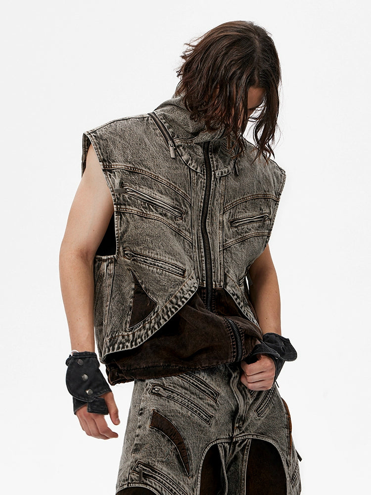 Distressed Zip Front Denim Vest