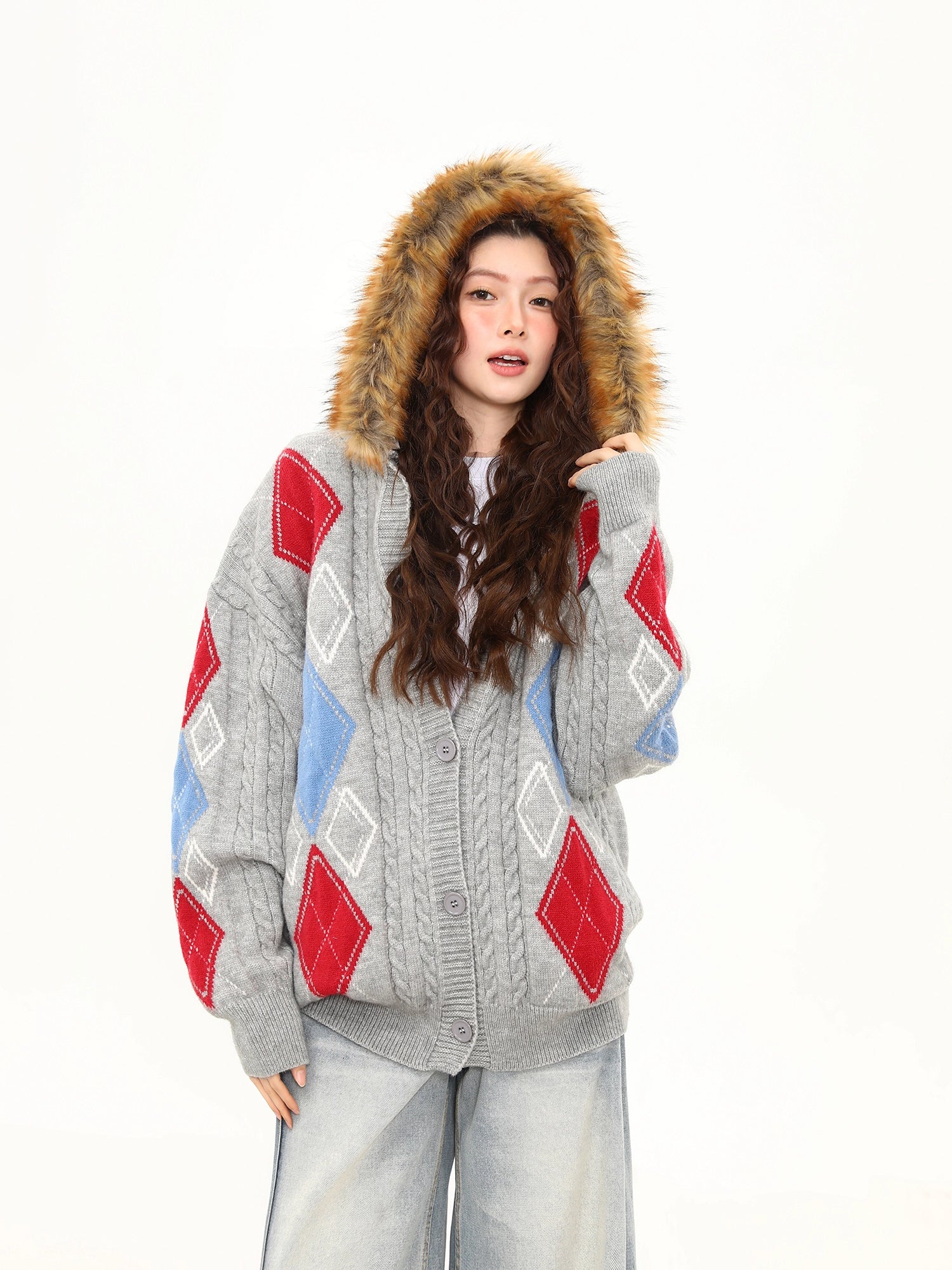 Frosty Argyle Faux-Fur Hood Cardigan