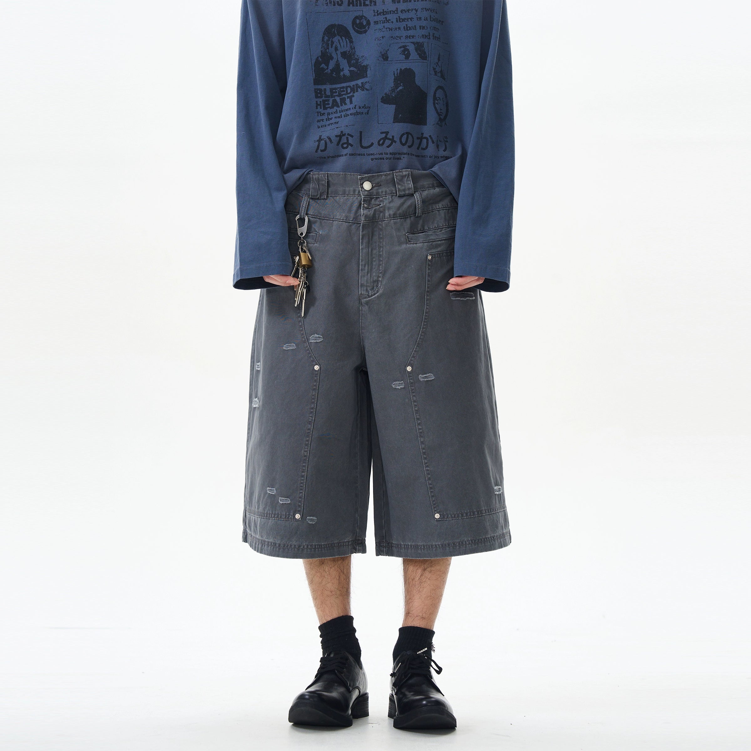 Distressed Grey Cargo Denim Shorts