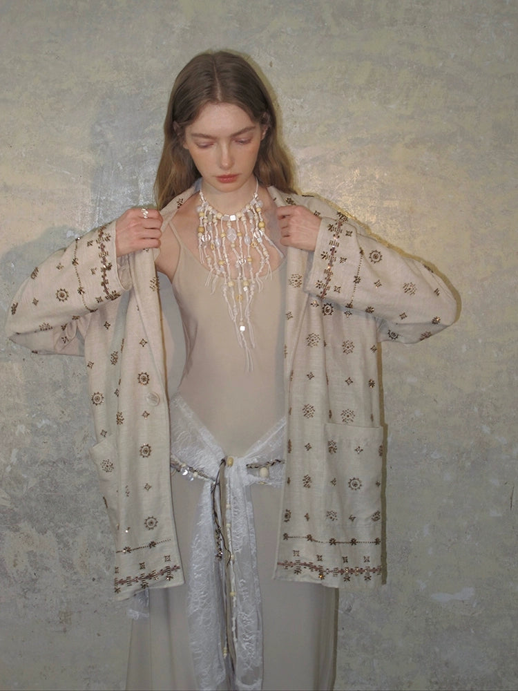 Wide-Leg Embroidered Linen Pants and Suit