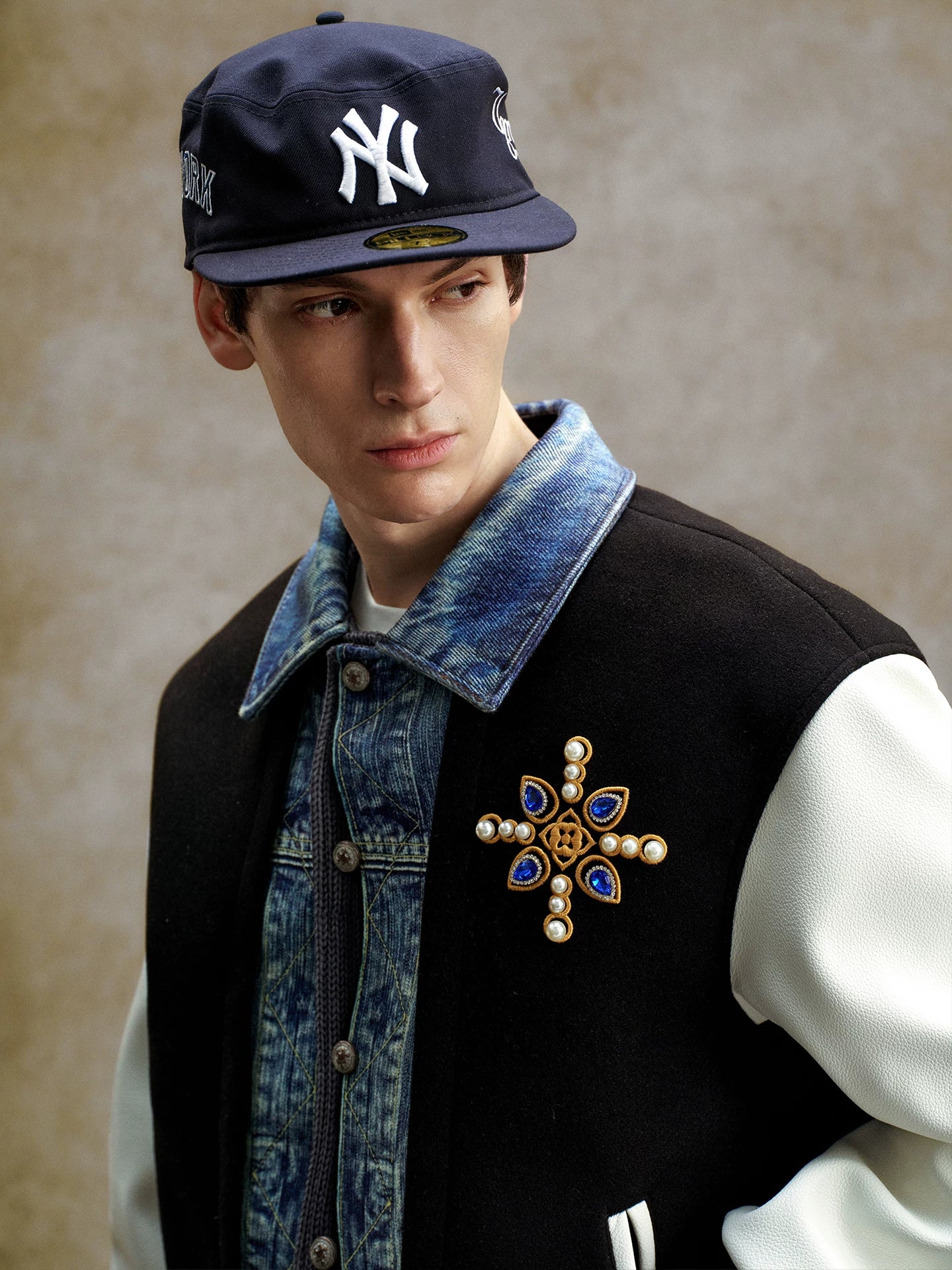 Denim Panel Embroidered Varsity Bomber Jacket