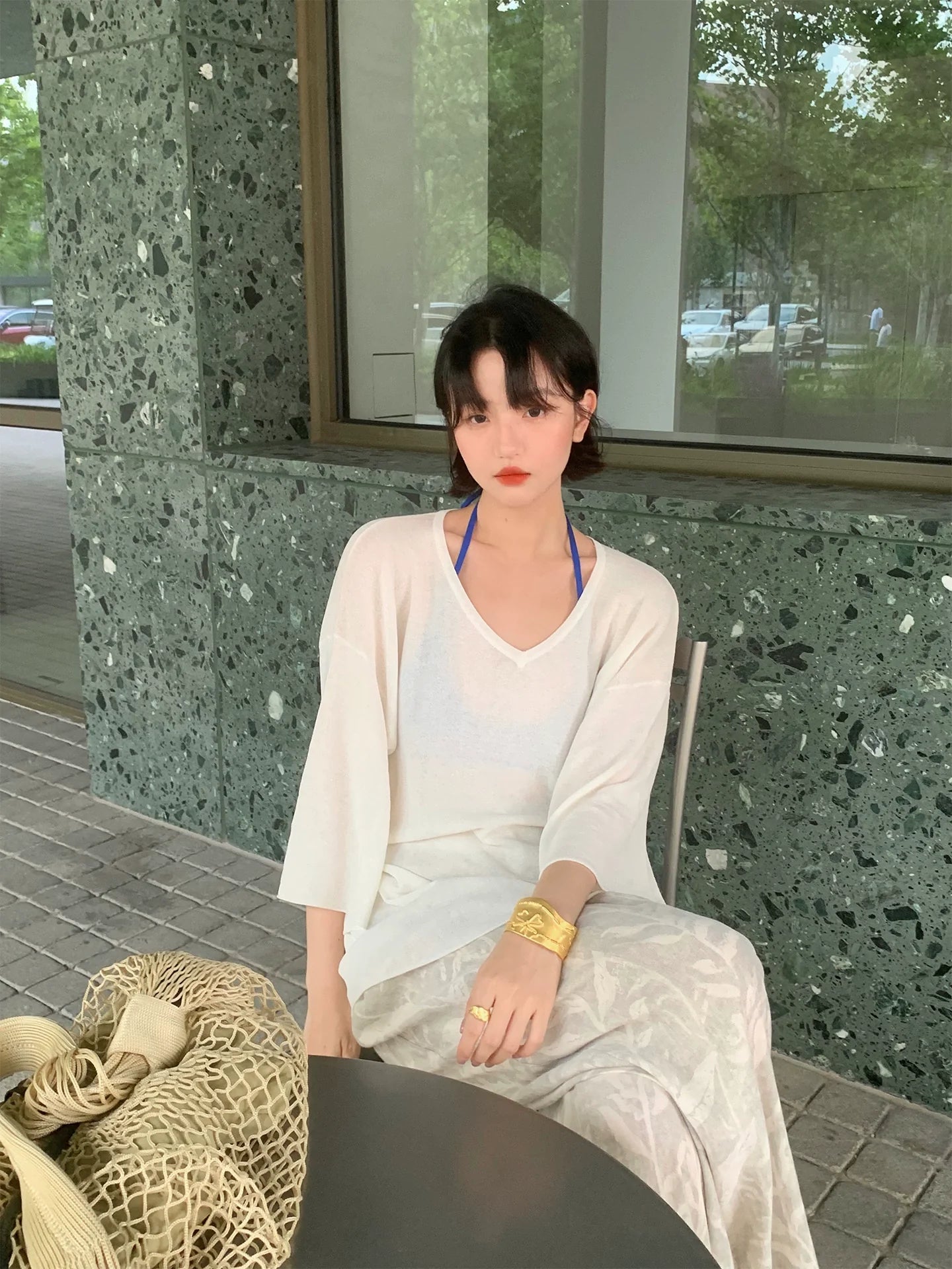 Gray Leaf Print Wide Leg Pants