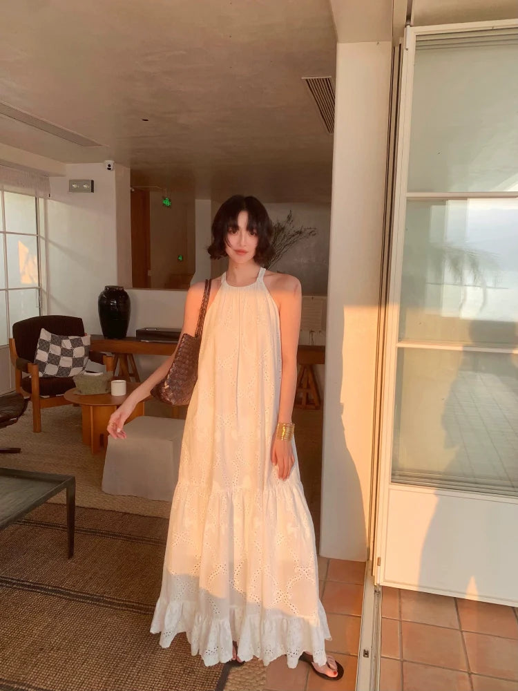 Bohemian White Eyelet Halter Maxi Dress