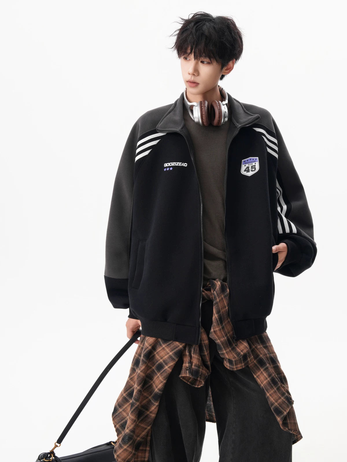 Varsity Track Stripe Zip Bomber Sweater