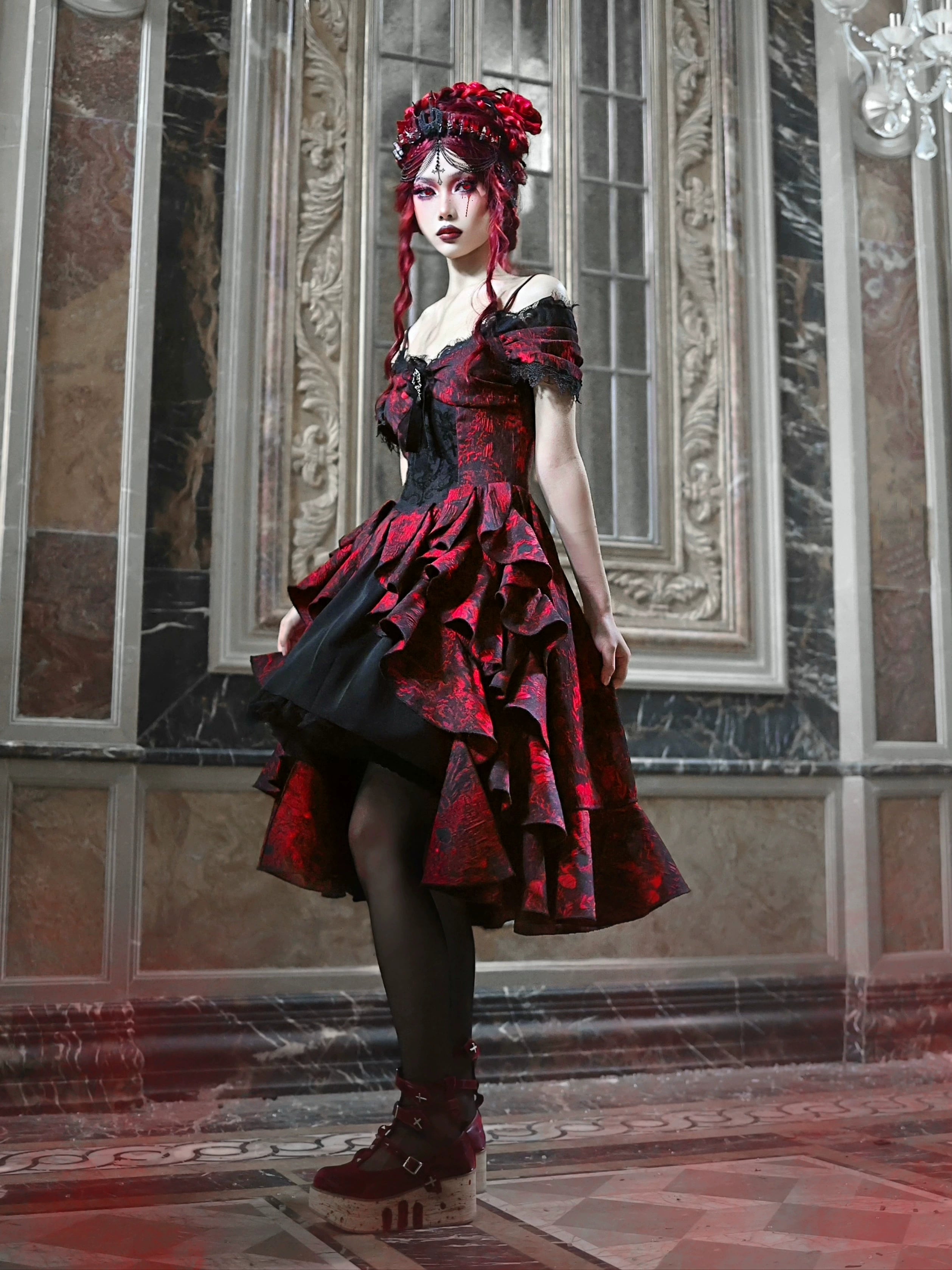 Gothic Red Layered Ruffle Ball Dress