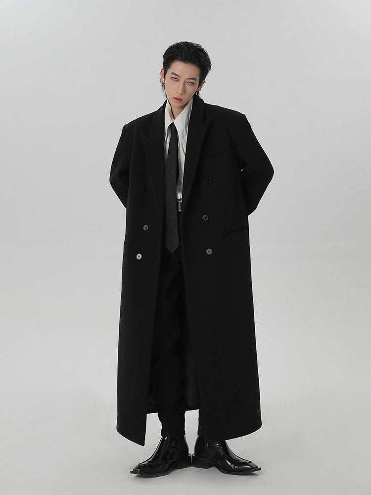 Long Black Double-Breasted Overcoat
