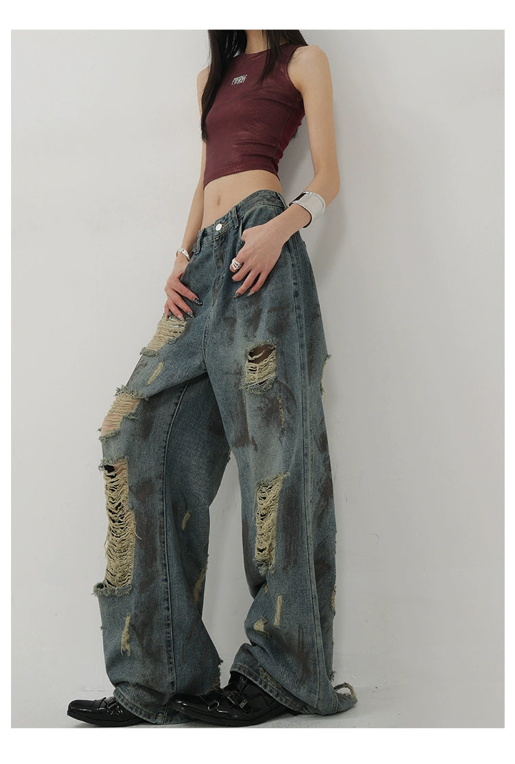Retro Tie-Dye Distressed Wide-Leg Jeans With Washed Effect And Draping Fit - chiclara