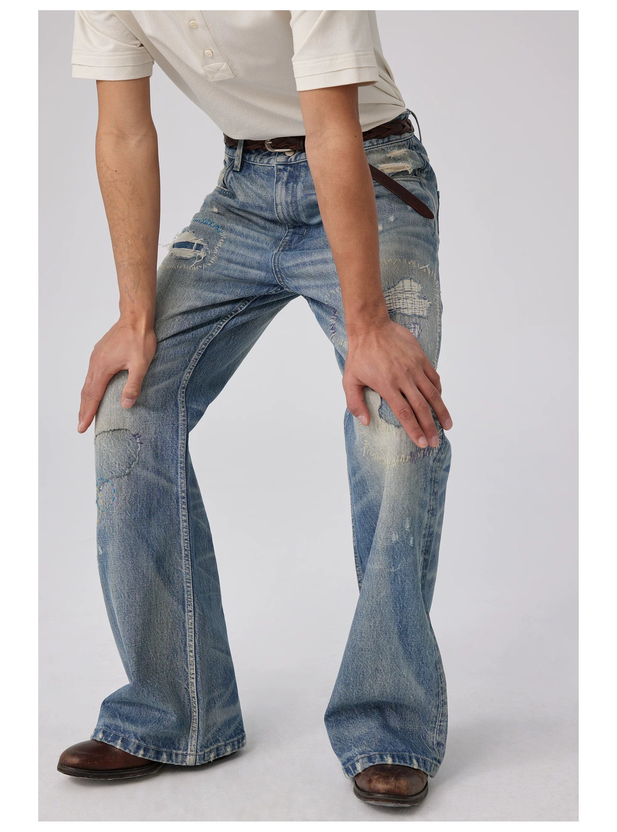 Distressed Patchwork Flared Jeans