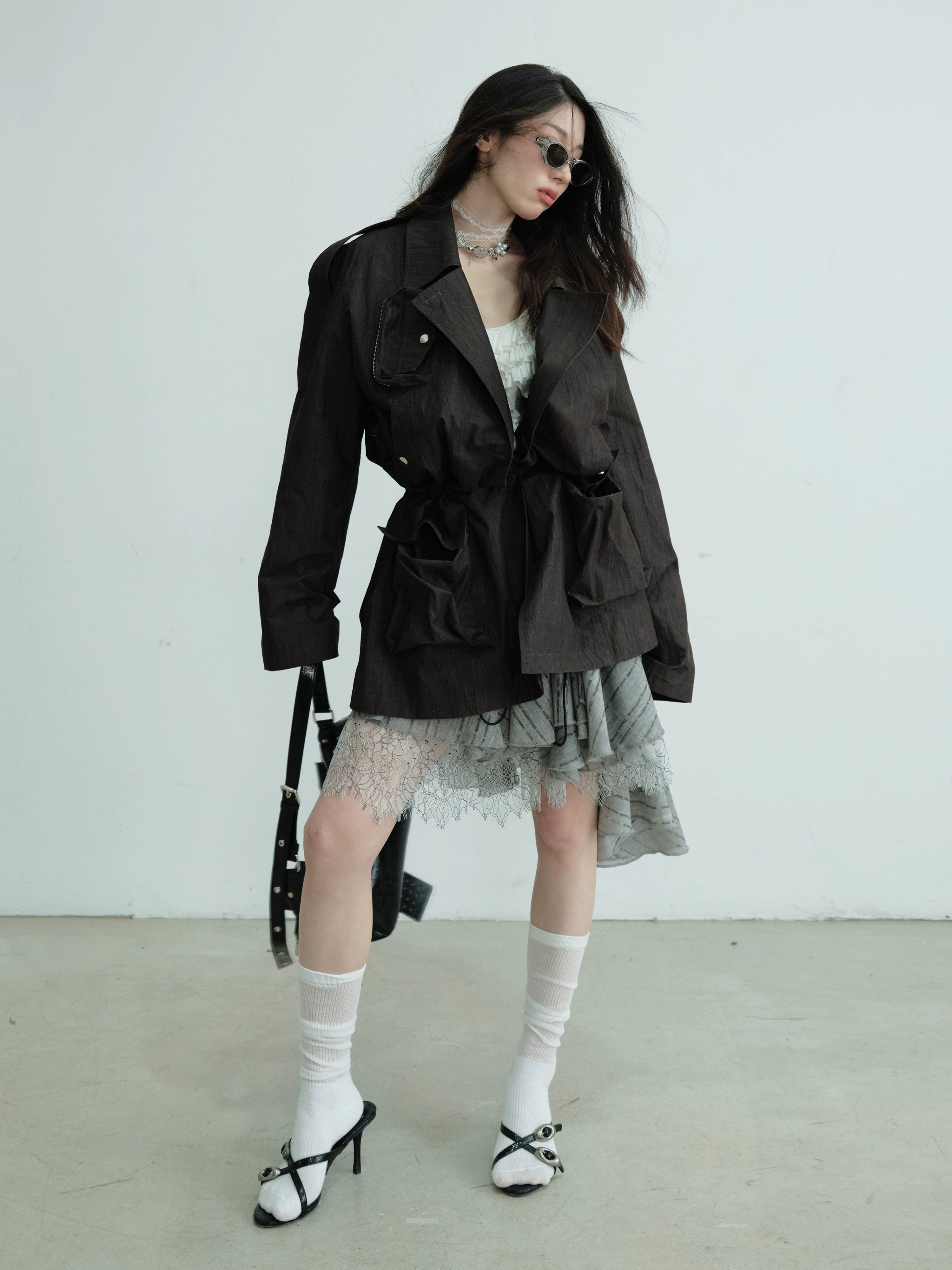 Belted Utility Pocket Military Jacket Black