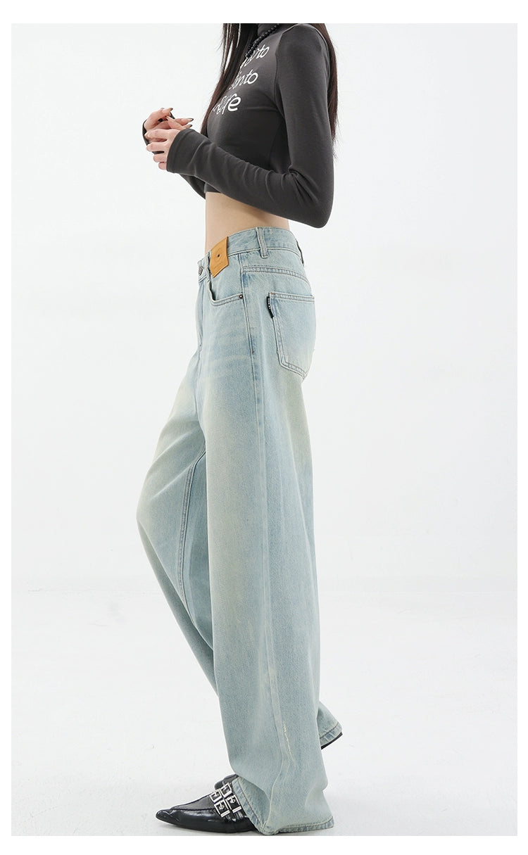 Blue Retro Loose Straight-Leg High-Waist Floor-Length Jeans - chiclara