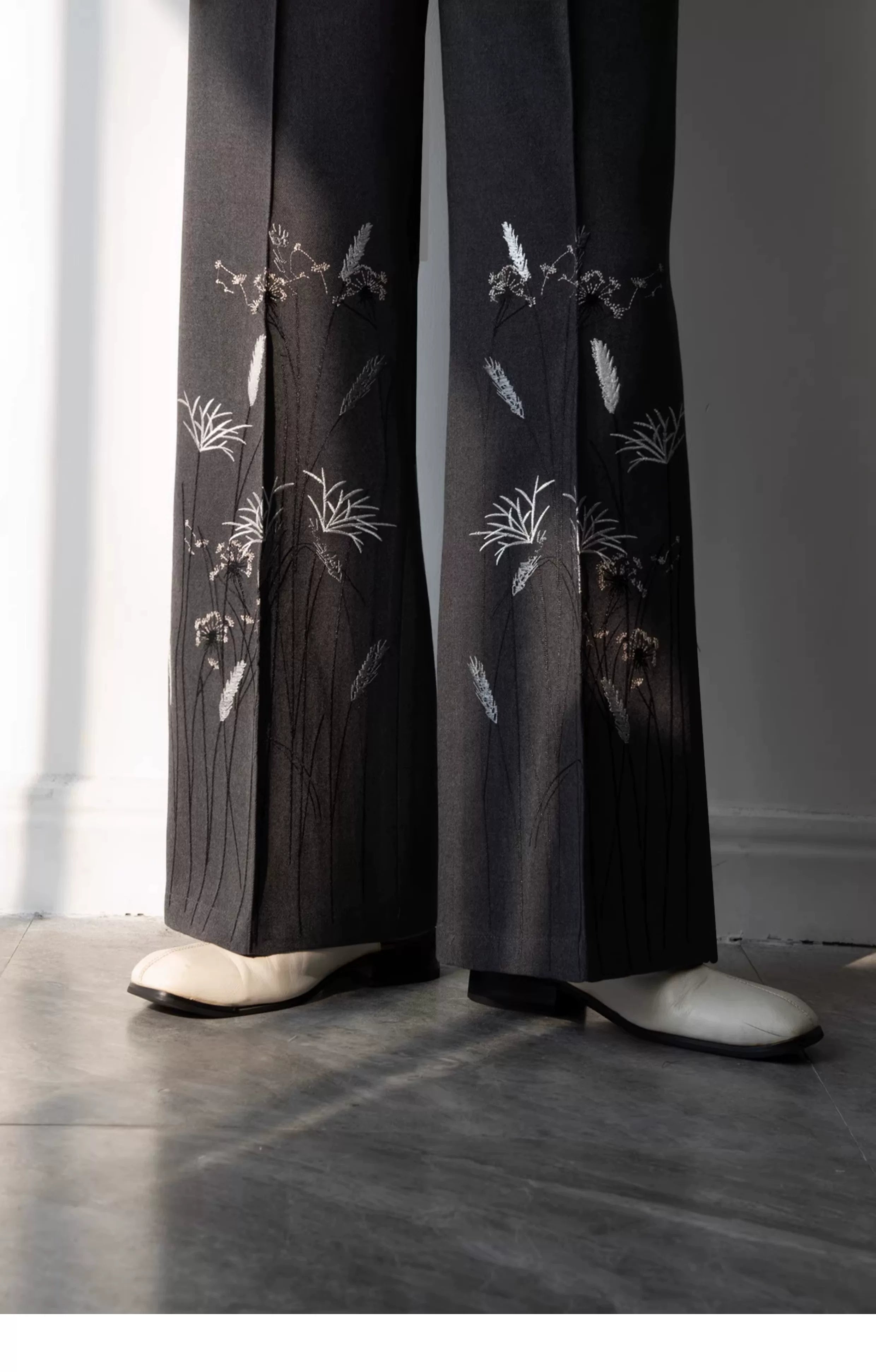 Midnight Meadow Embroidered Wool Trousers