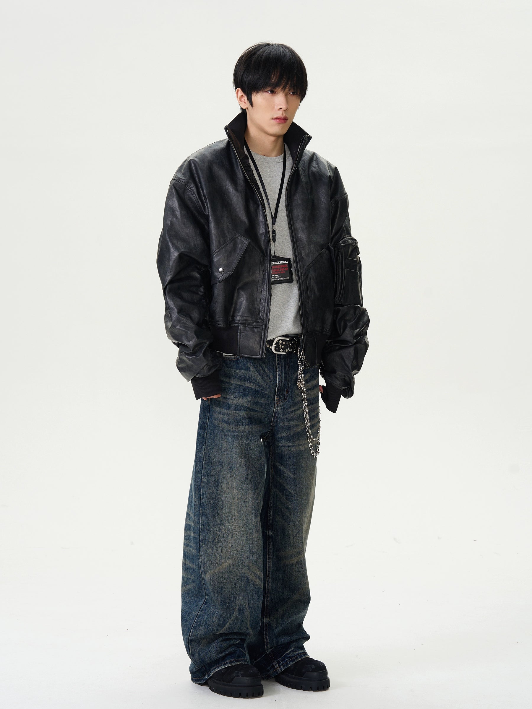 Functional Pocket Faux Leather Bomber Jacket