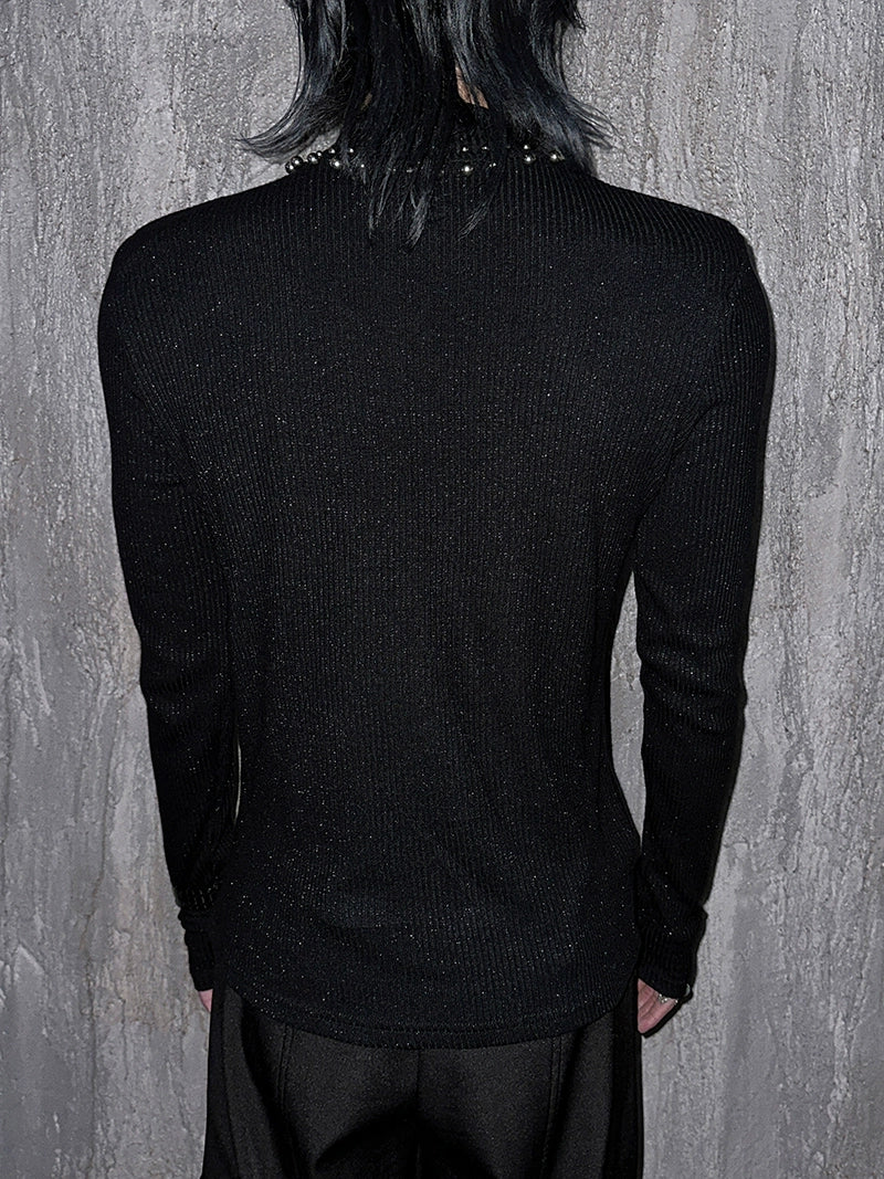 Black Studded Collar Ribbed Knit Top