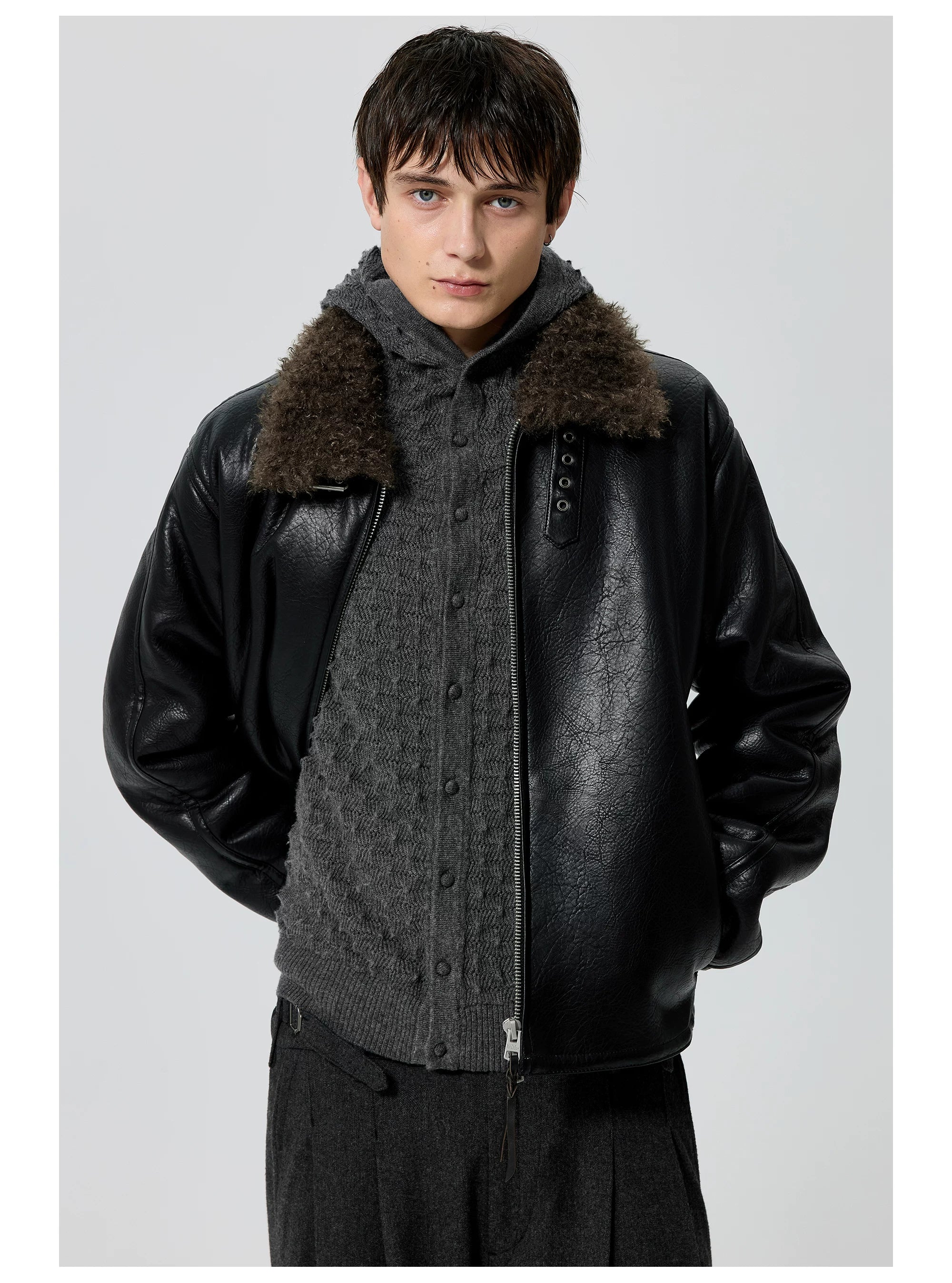 Oversized Faux Leather Jacket with Shearling Collar