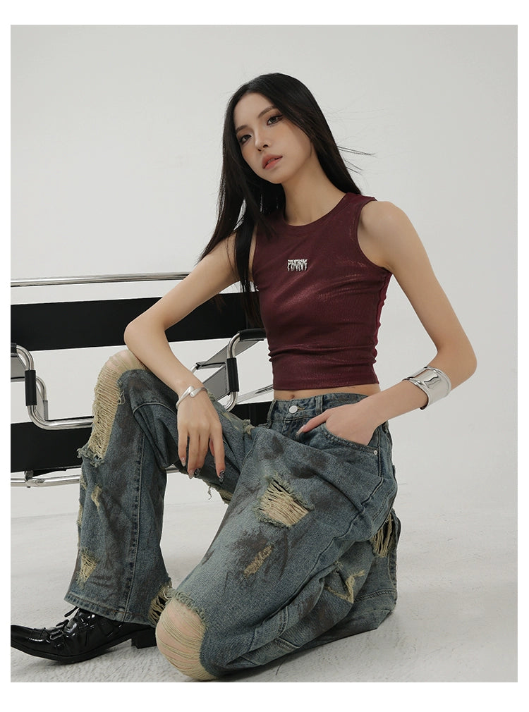 Retro Tie-Dye Distressed Wide-Leg Jeans With Washed Effect And Draping Fit - chiclara