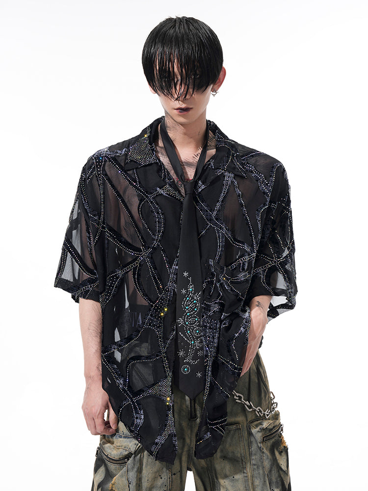 Sheer Beaded Spider Web Shirt