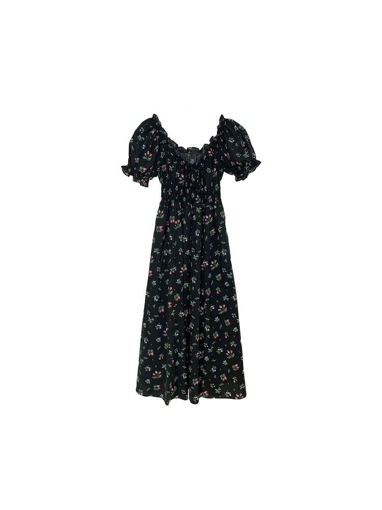 Puff-Sleeve Maxi Dress with Red Floral Print