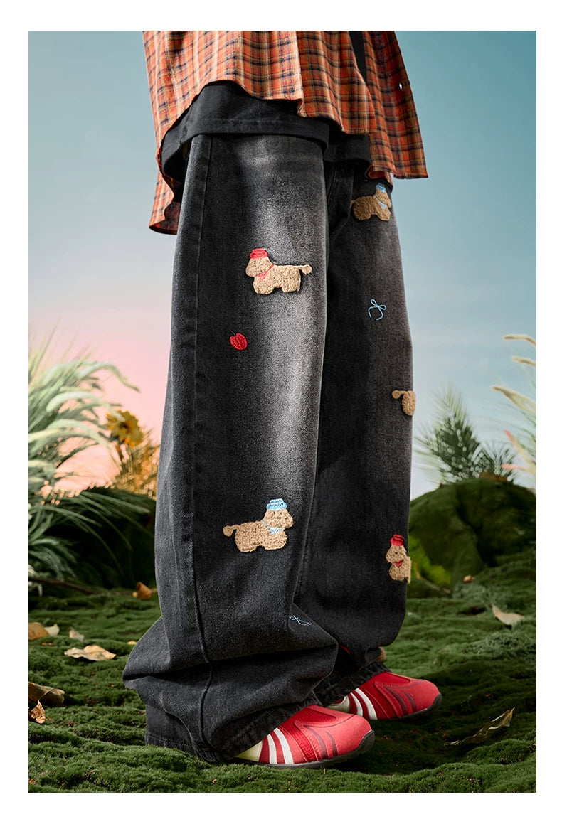 Embroidered Dog Patch Baggy Jeans