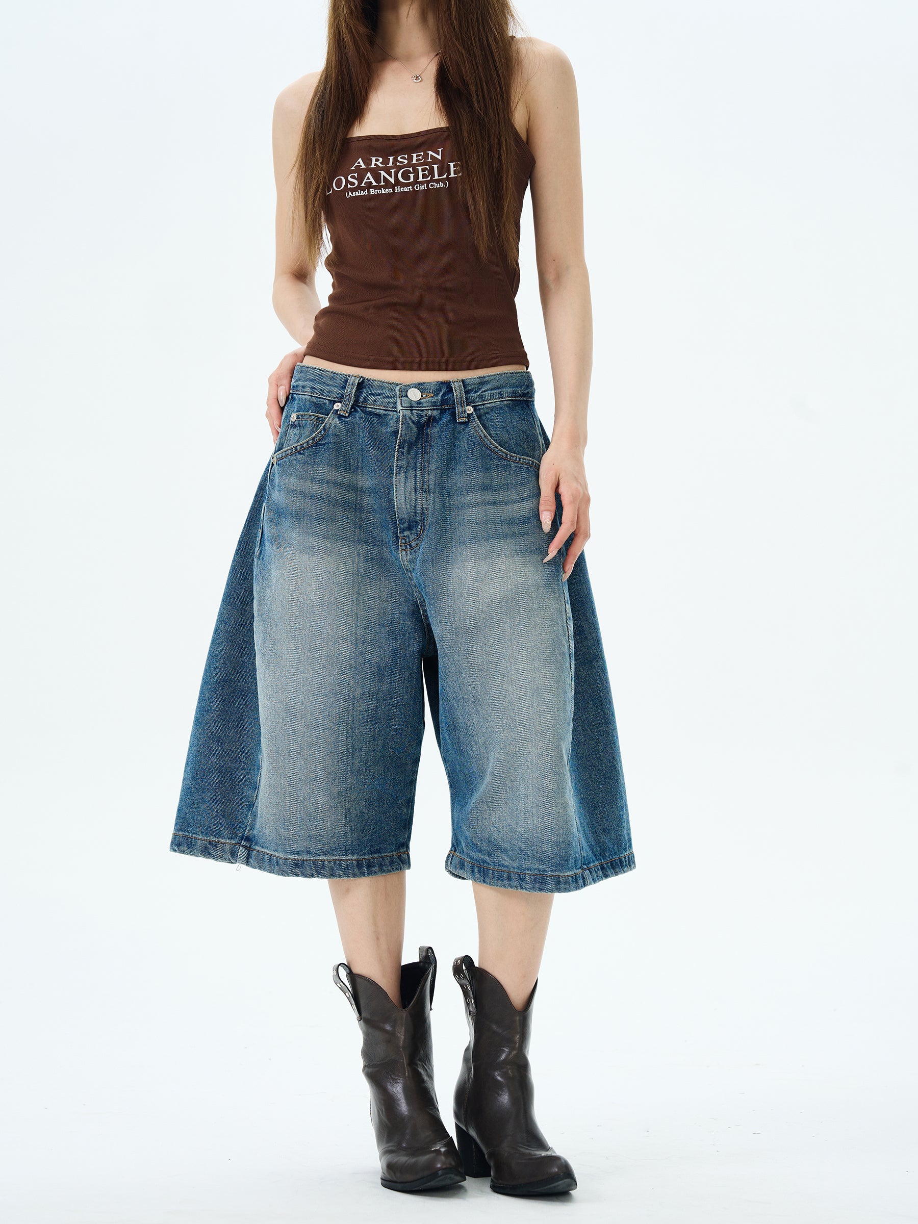 Wide-Leg Denim Bermuda Shorts