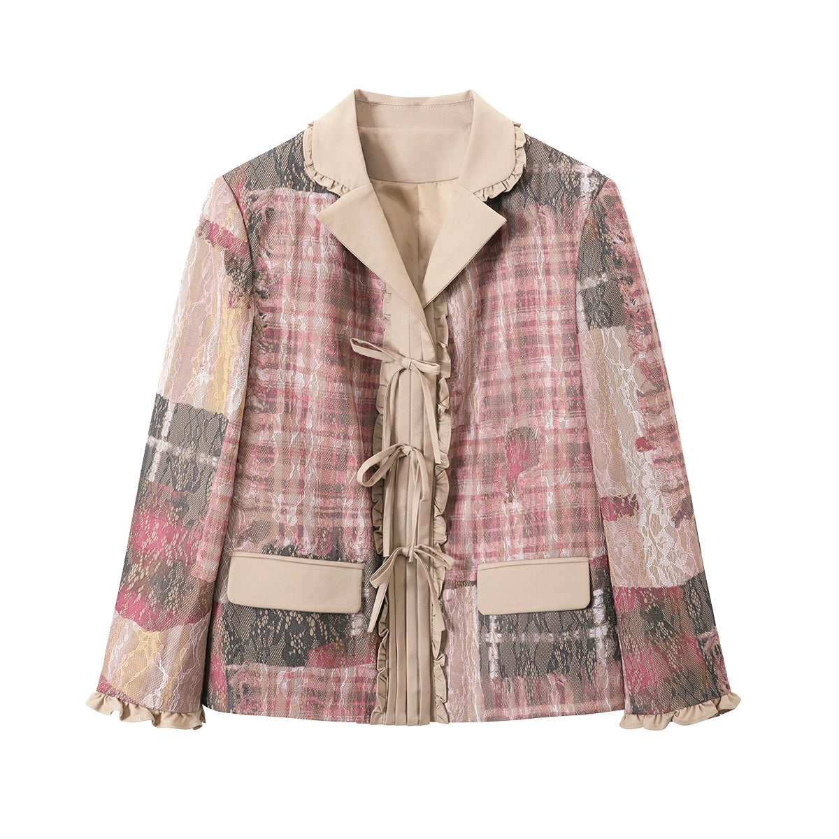 Pink Plaid Textured Blazer with Pleated Details and Beige Accents