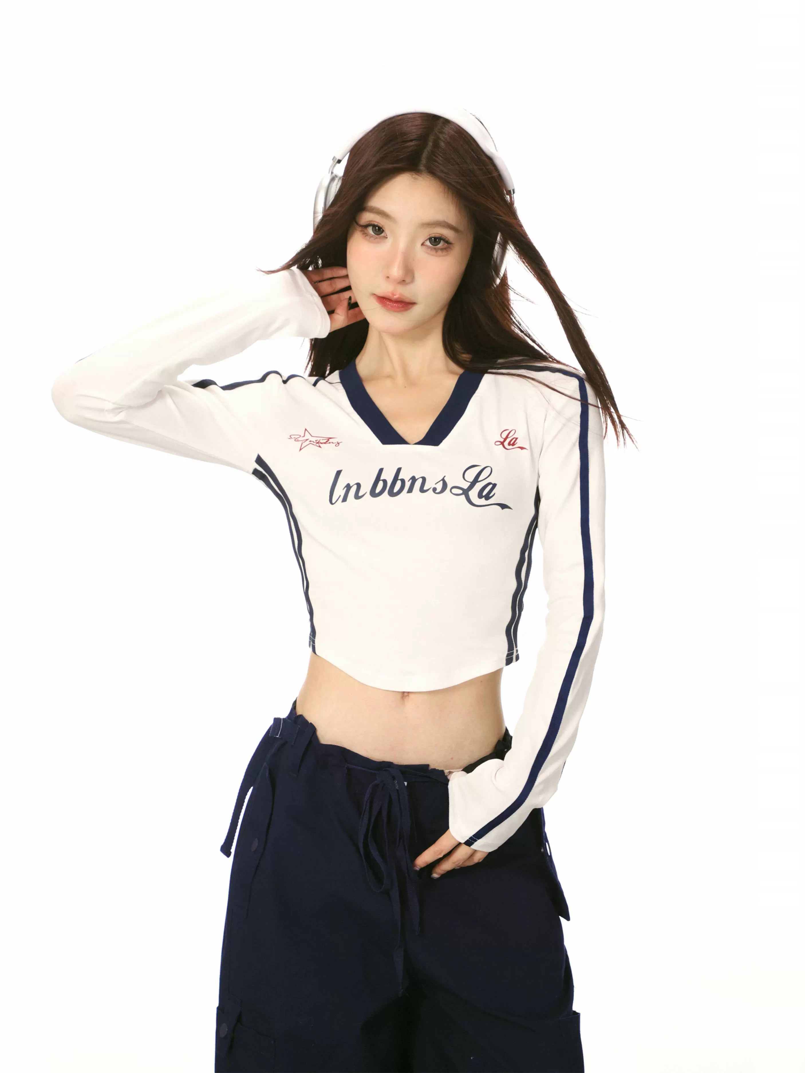 V-Ausschnitt Ribbon Farbblock Long Sleeve T-Shirt