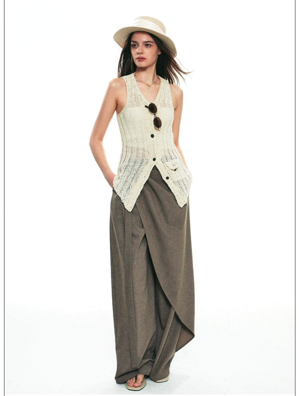 Draped Wrap Wide-Leg Pants