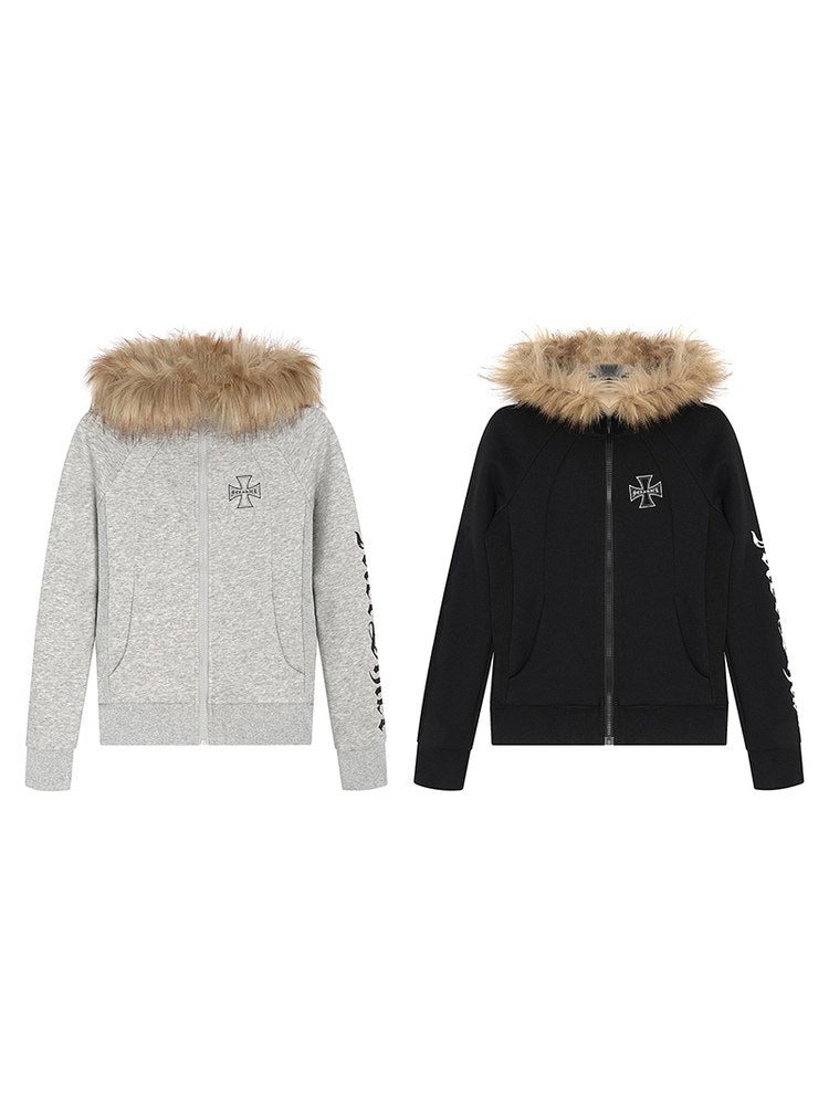 Men's Faux-Fur Collar Cross-Print Hoodie