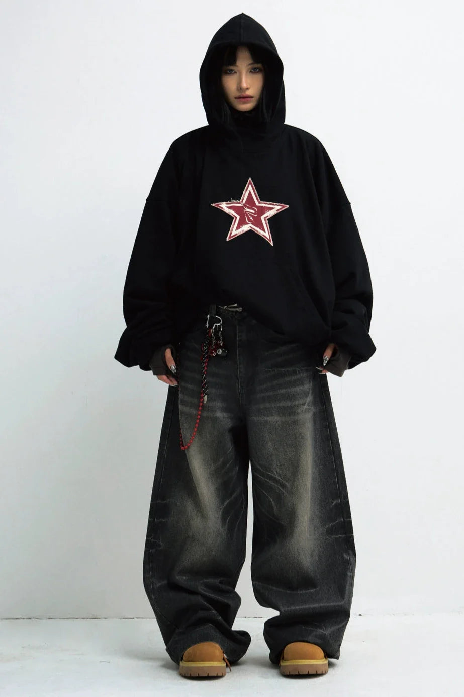 Men's Loose Black Star Embroidered Hoodie