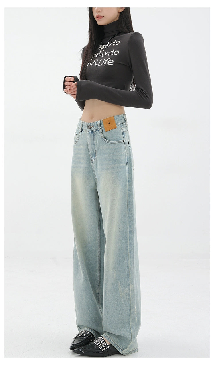 Blue Retro Loose Straight-Leg High-Waist Floor-Length Jeans - chiclara