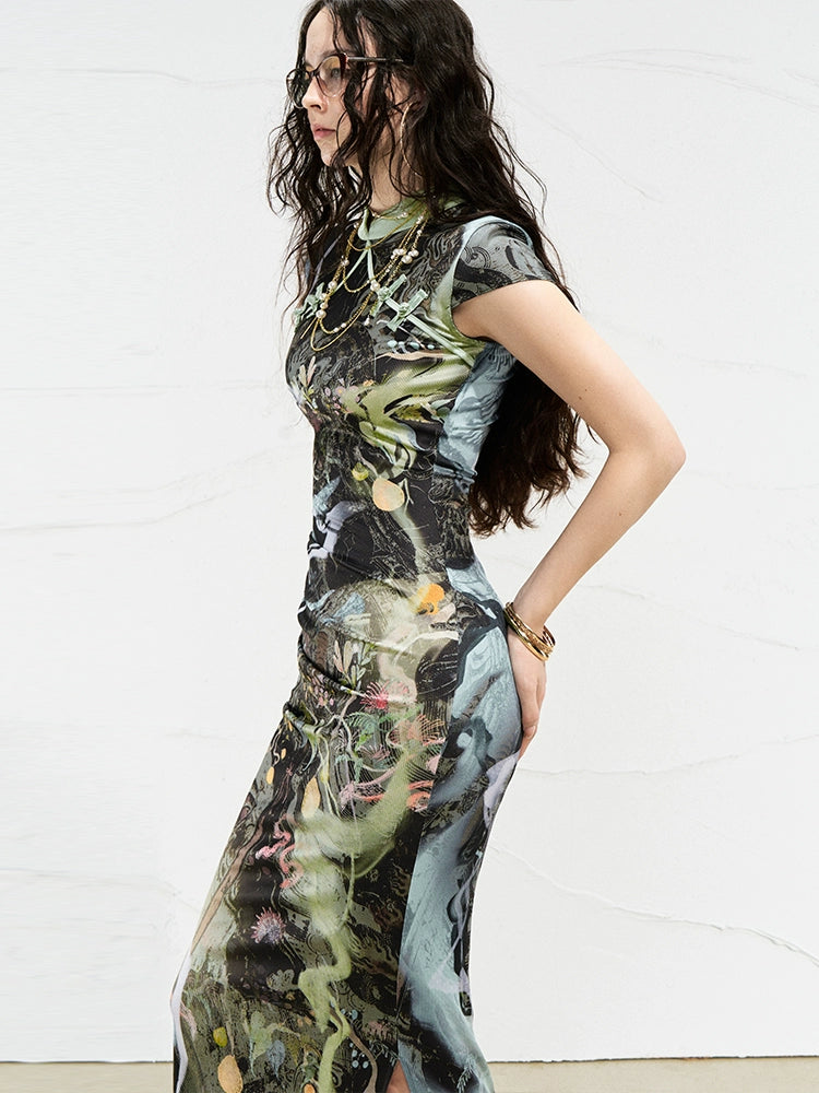 Abstract Marble Print Evening Maxi Dress