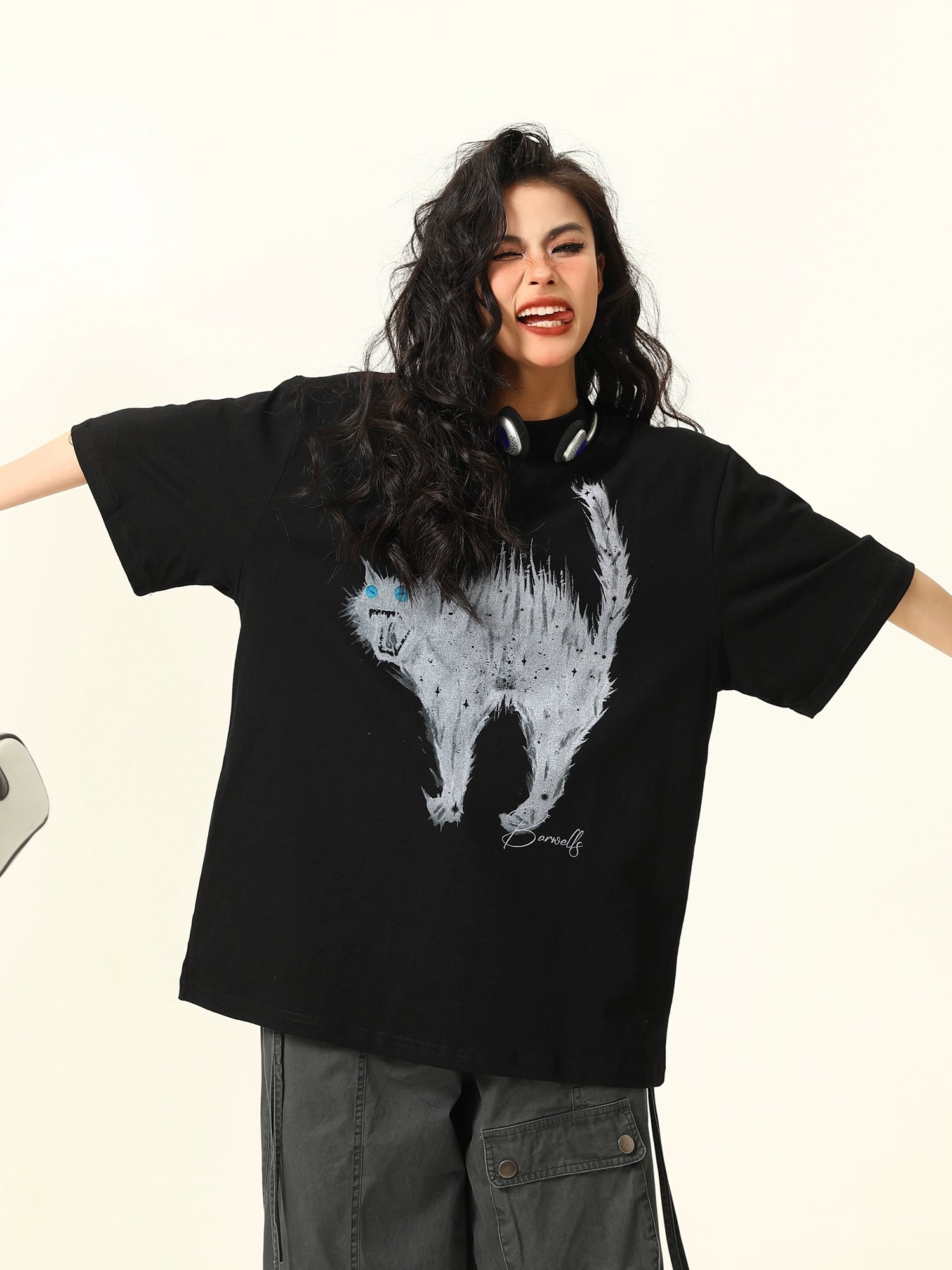 Oversized Tee with Cat Graphic