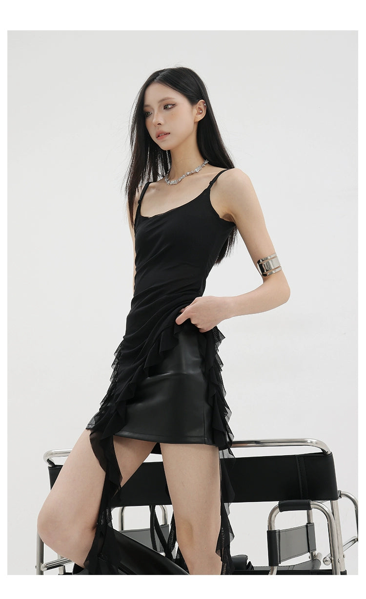 Black Asymmetric Ribbon Strap Tank Top With Ruffle Edge Design - chiclara