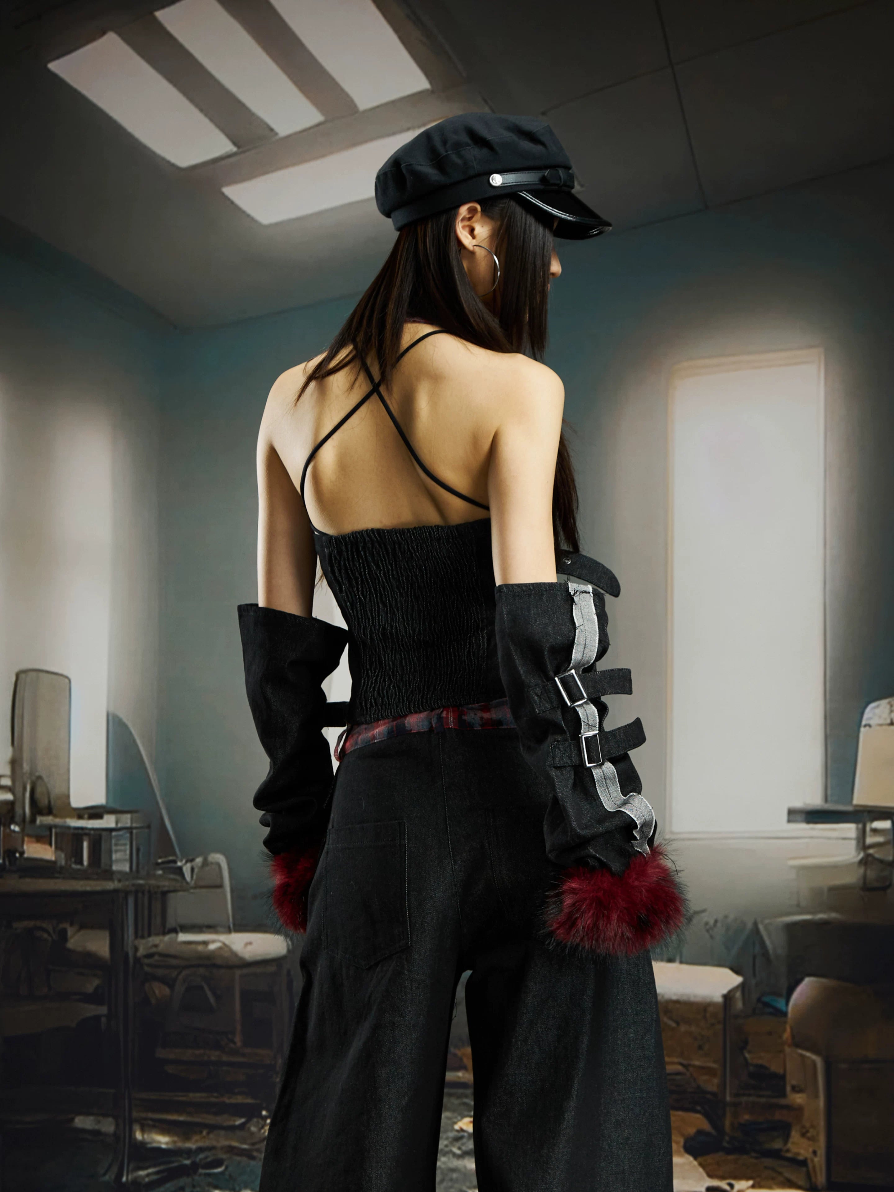 Crimson Howl Plaid Corset Armwarmer Top