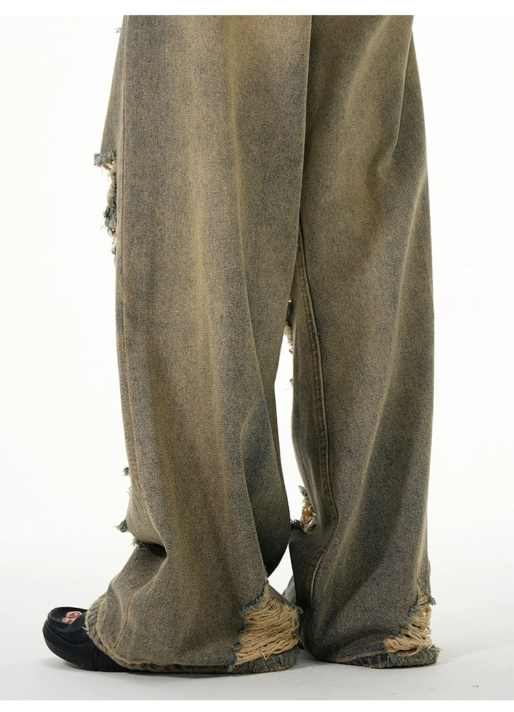 All-Over Distressed Wide-Leg Ripped Jeans