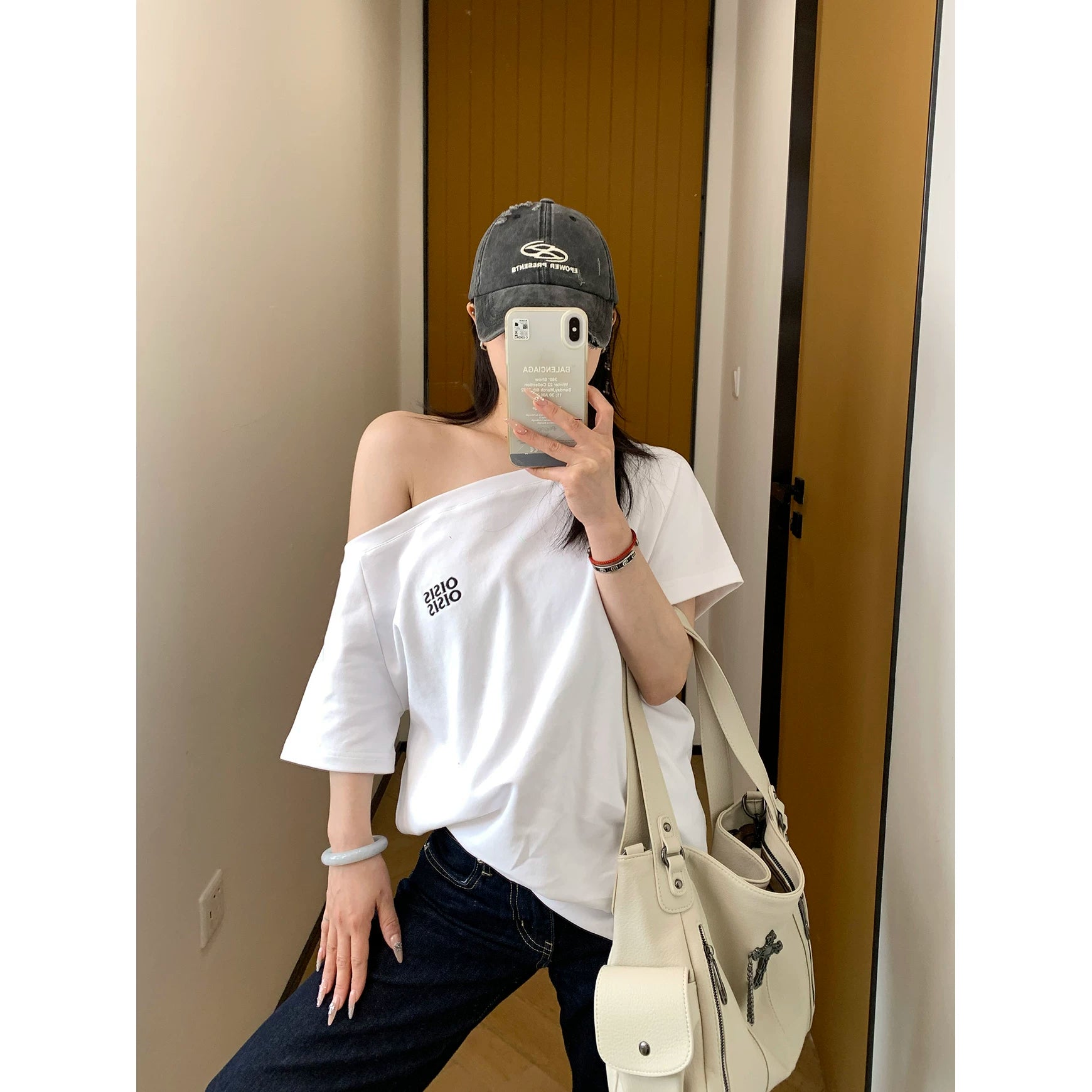 Ash Off-Shoulder Logo Tee
