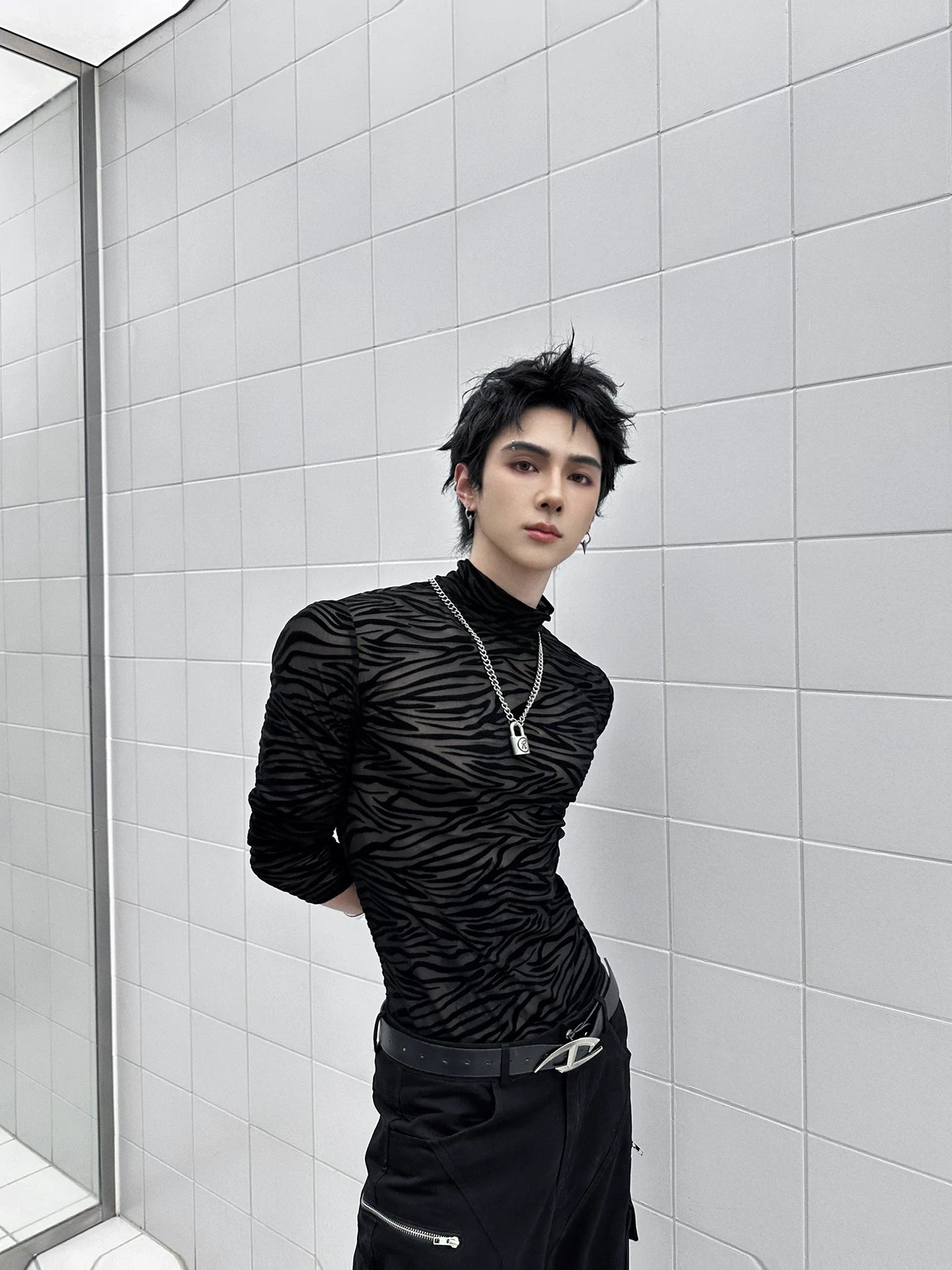 Shadowstripe Sheer Mesh Turtleneck