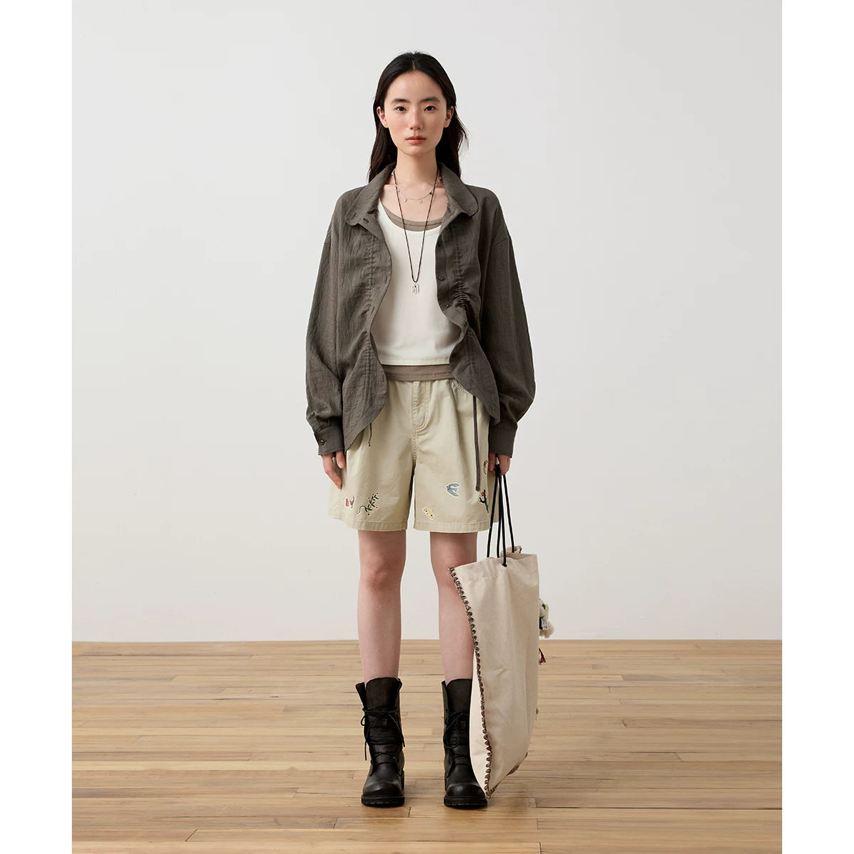 Mandarin Collar Textured Button Blouse