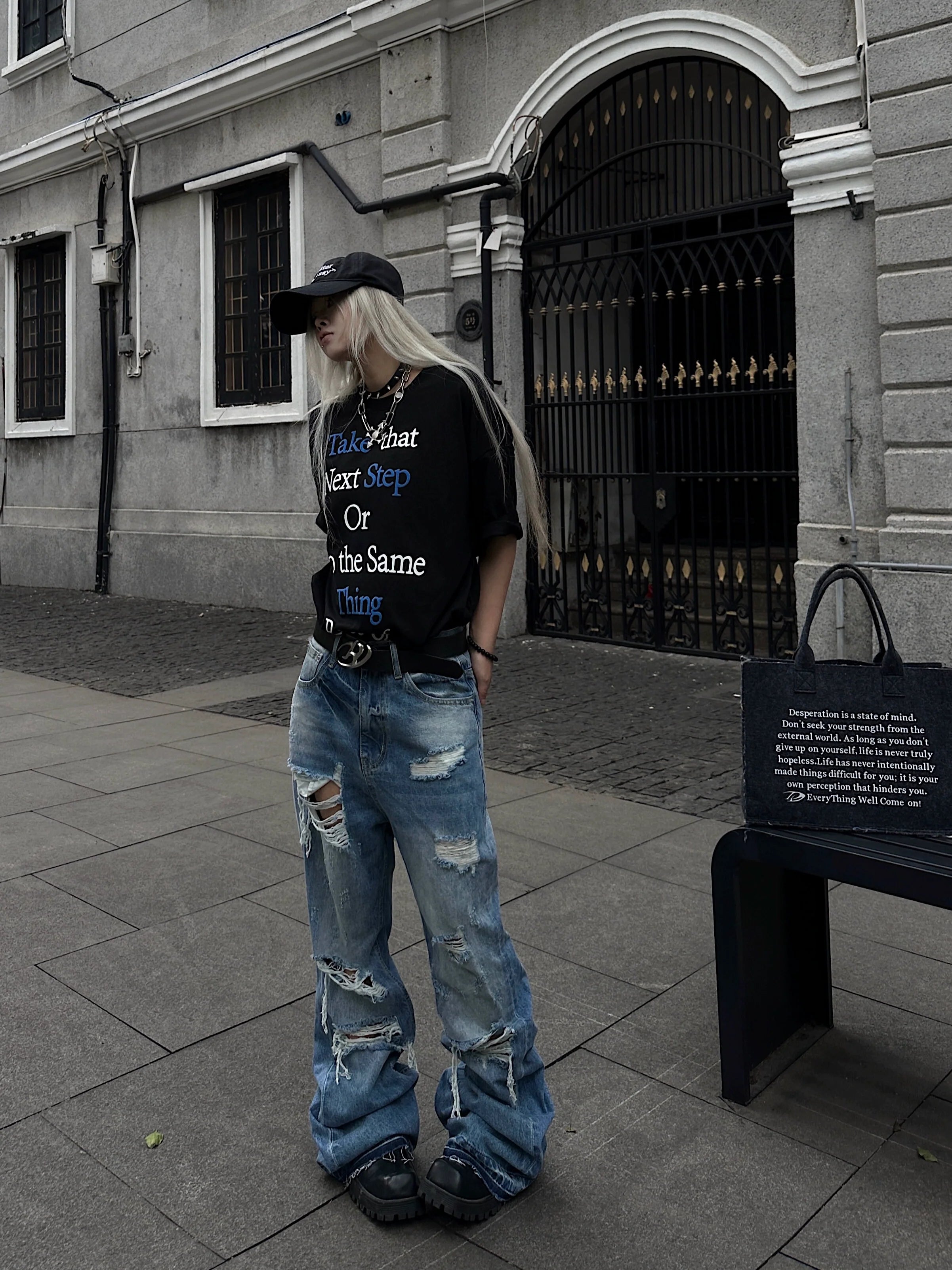 Men's Washed Distressed Fringe Whisker Stacked Flare Jeans