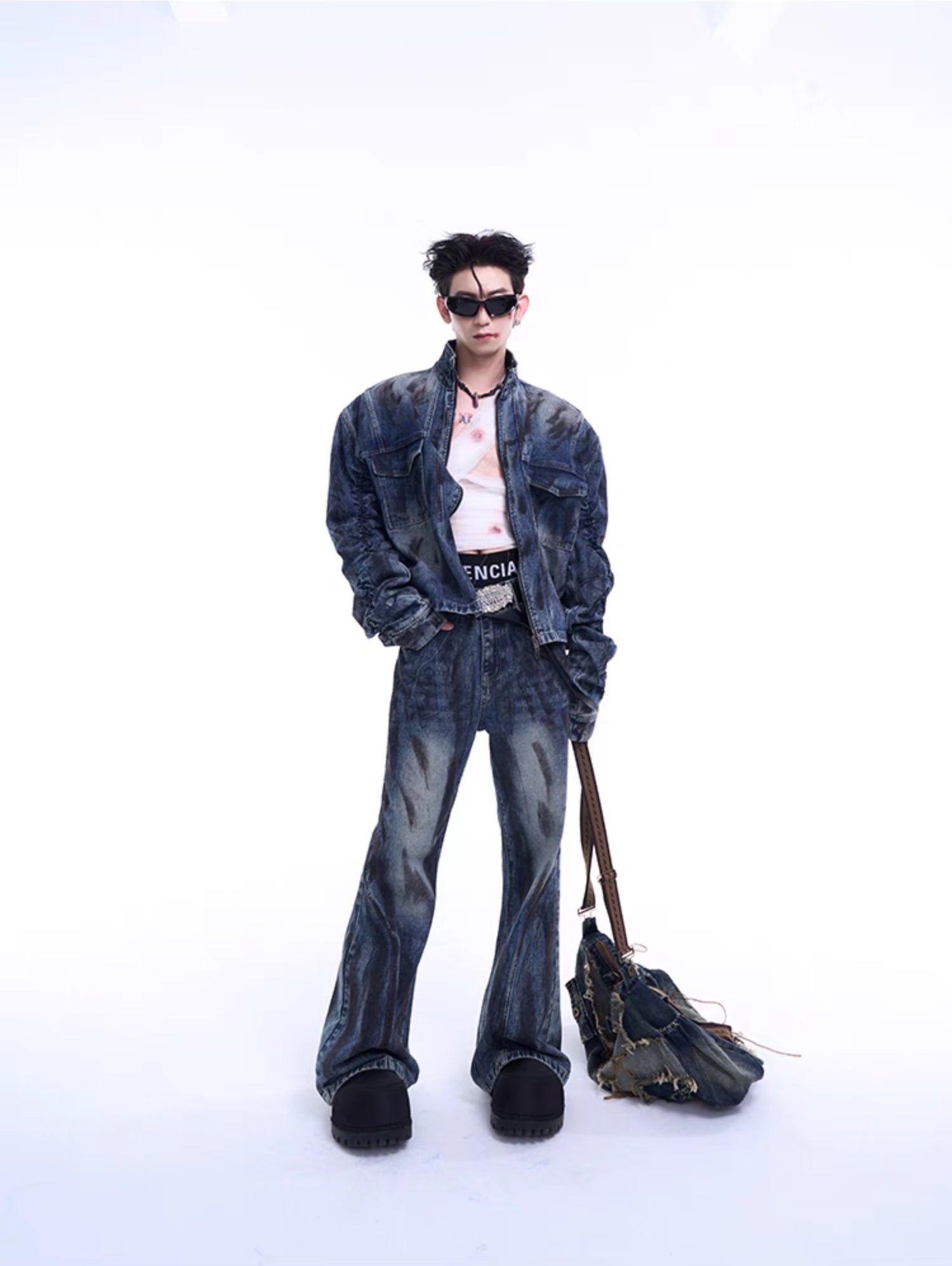Washed Denim Stand Neck Jacket and Jeans Setup