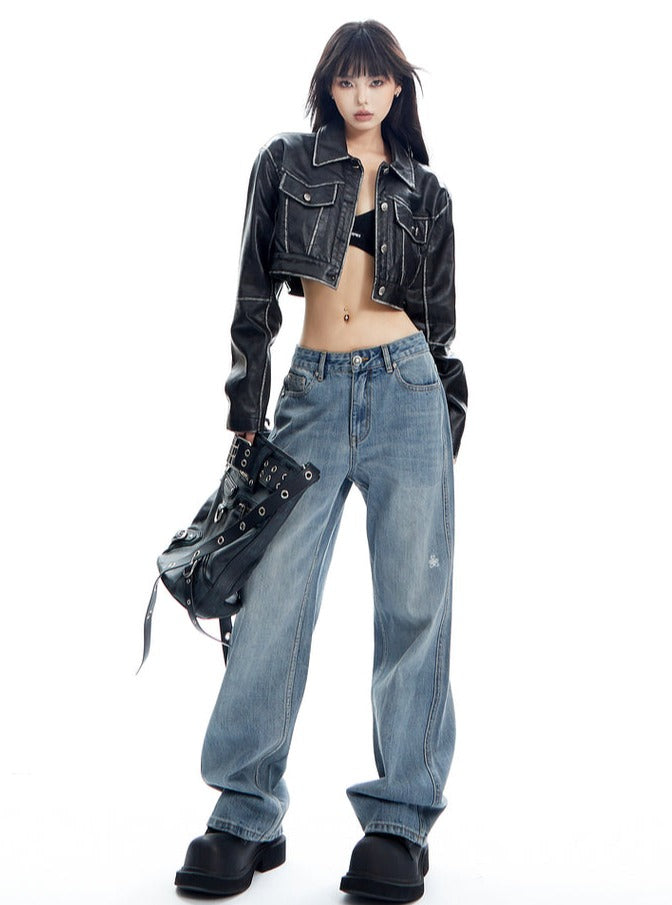 Jeans de mezclilla de pierna ancha de la luz