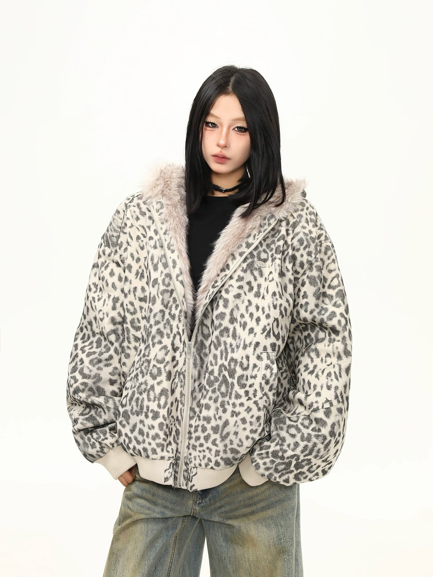 Snow Leopard Plush Zip Hoodie Jacket