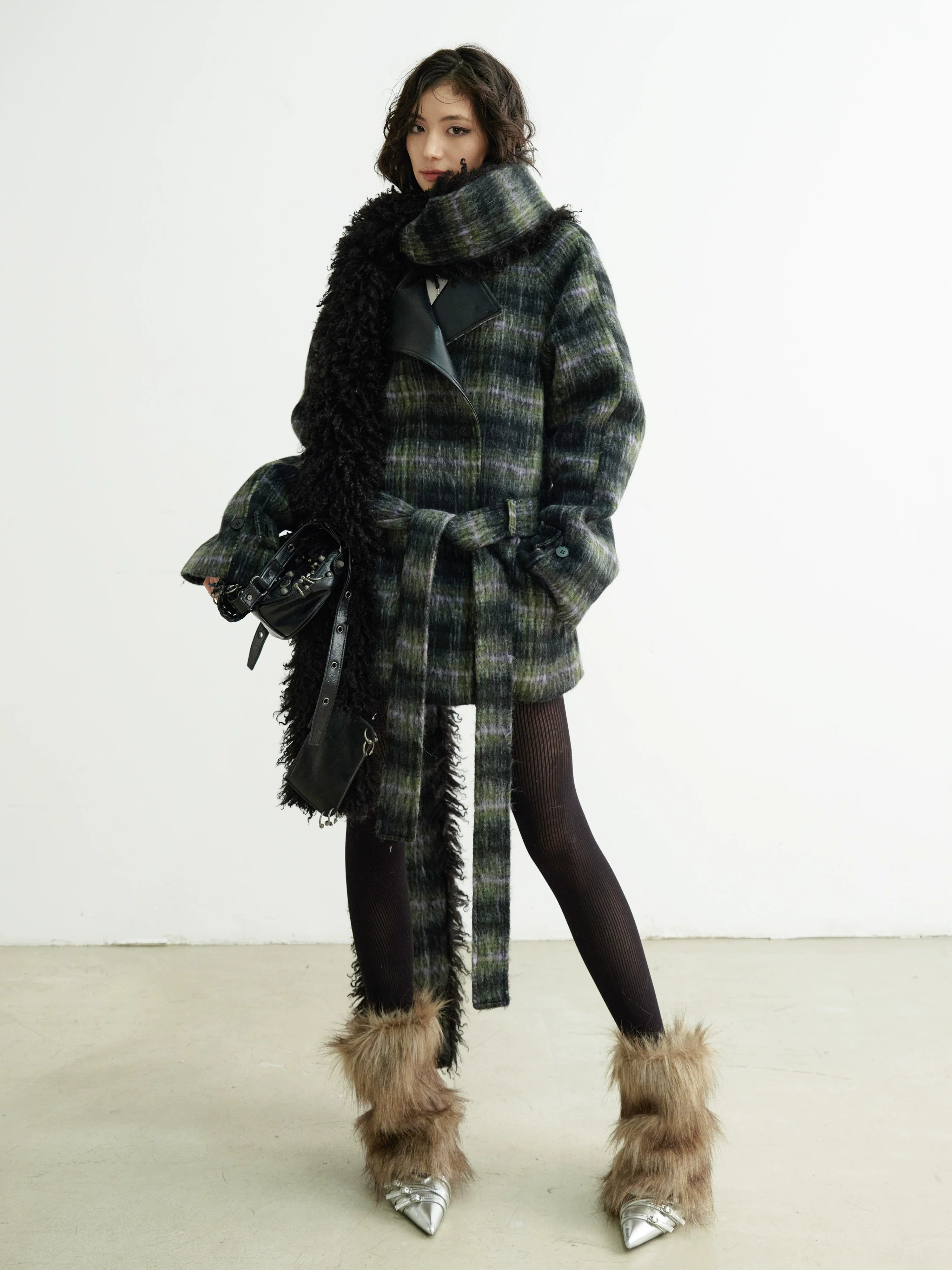 Shadow Plaid Fringe Wrap Coat