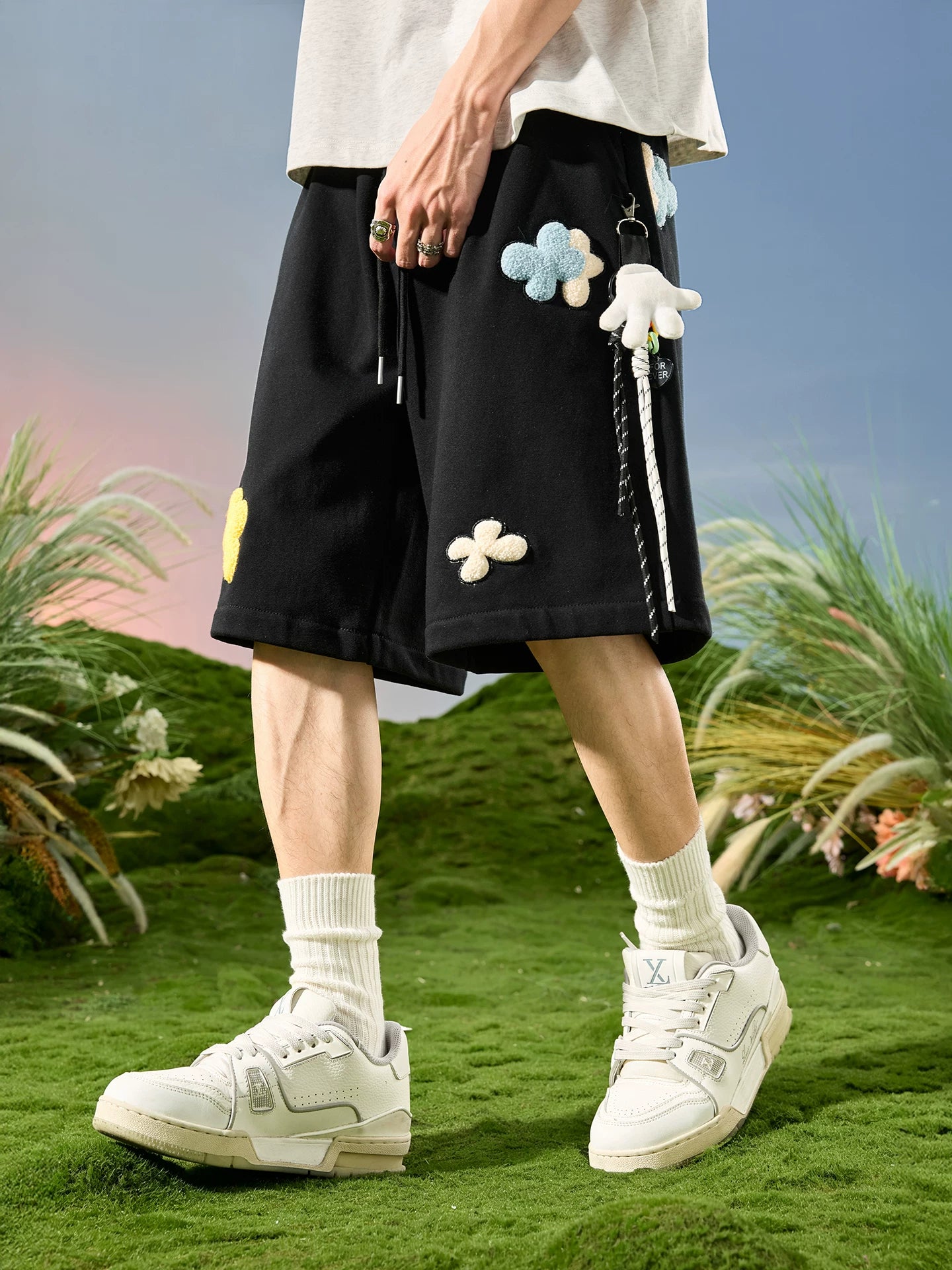 Playful Floral Appliqué Drawstring Sweat Shorts