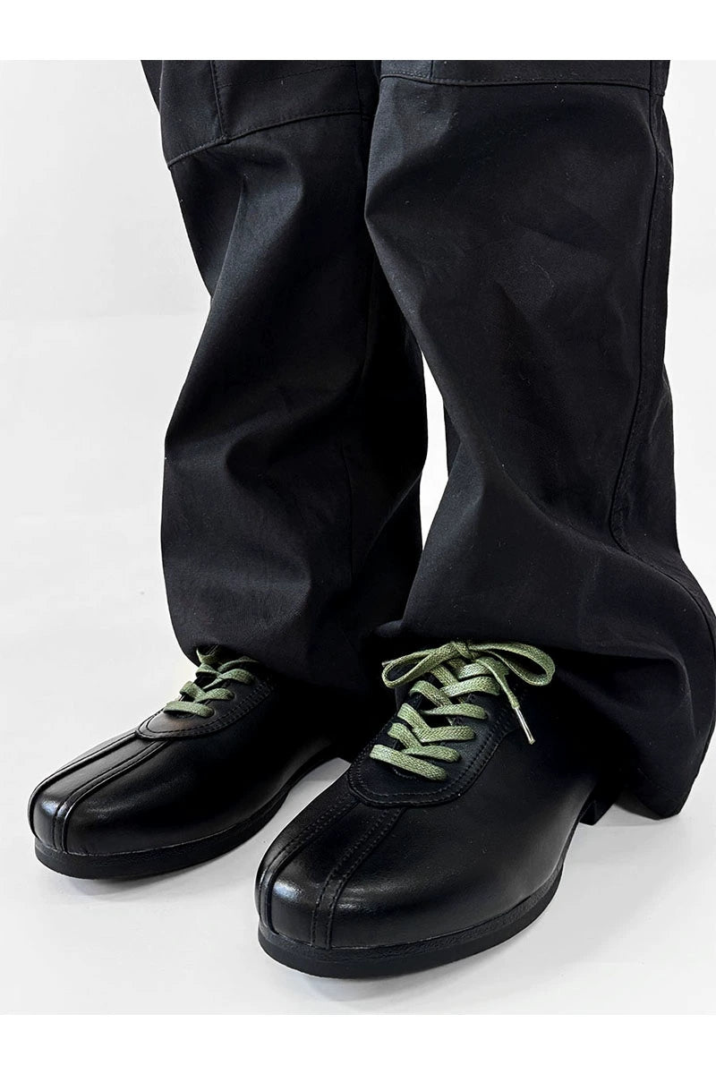 Black Split-Toe Derby Shoes with Green Laces