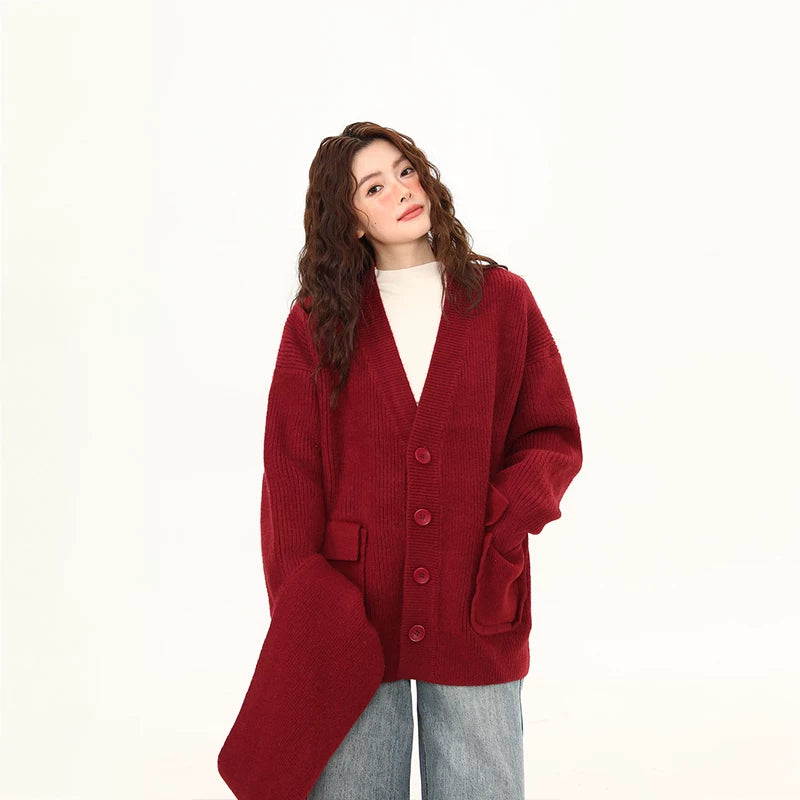 Crimson Cocoon Knit Scarf-Cardigan