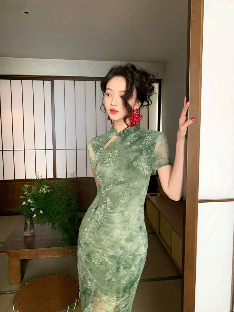 Sheer Floral Cheongsam-Inspired Maxi Dress