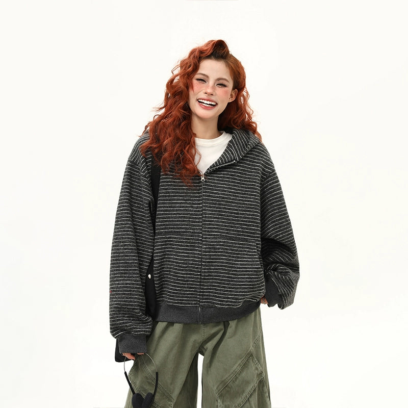Oversized Striped Fleece Zip-Up Hoodie