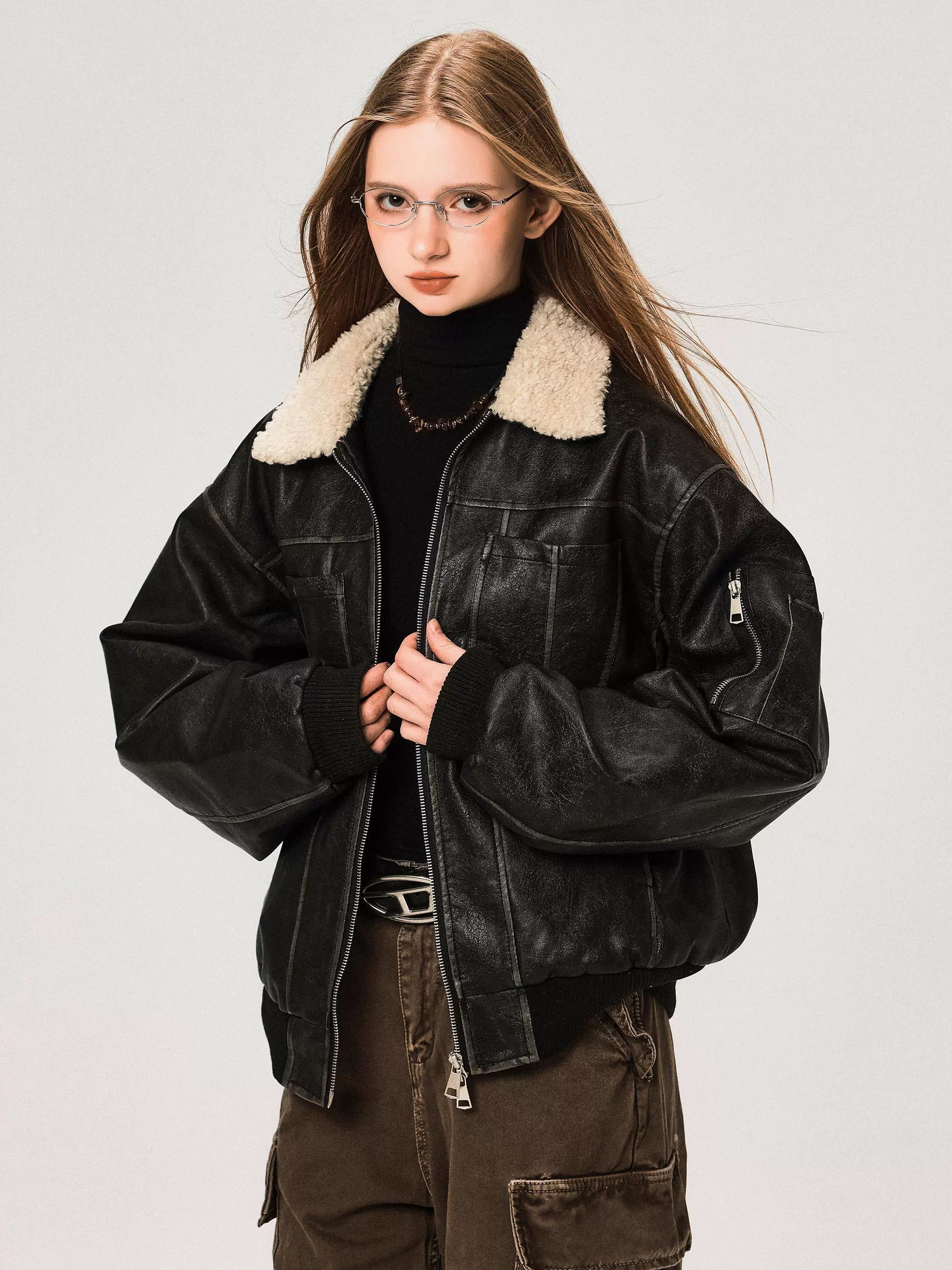 Veste en cuir PU avec col en laine d'agneau