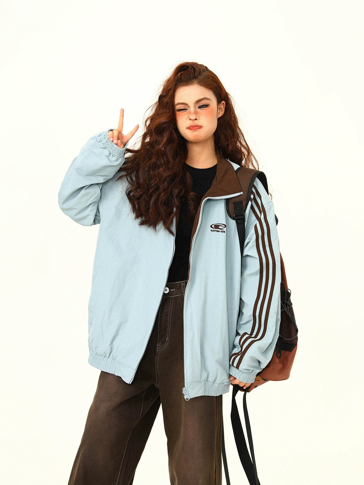 Contrast Collar Brown Bomber Jacket